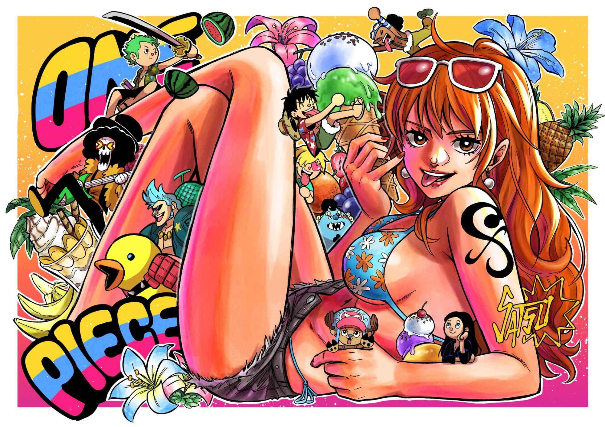 Art of Nami in bikin and shorts, she's eating an ice cream, there are other strawhats in a chibi/deformed form all around her