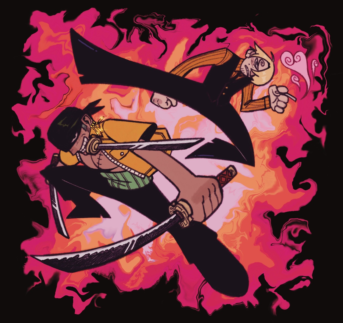 A dynamic square fanart of Zoro and Sanji from One Piece with a bright pink, orange and white background. Sanji’s on top, in an action pose kicking, while zoro is on the bottom, using three sword style. They are looking directly at the viewer. Zoro is wearing his Enies Lobby outfit, while Sanji wears his Water Seven train outfit. Sanji is holding a cigarette with pink smoke rising from it shaped like a heart.