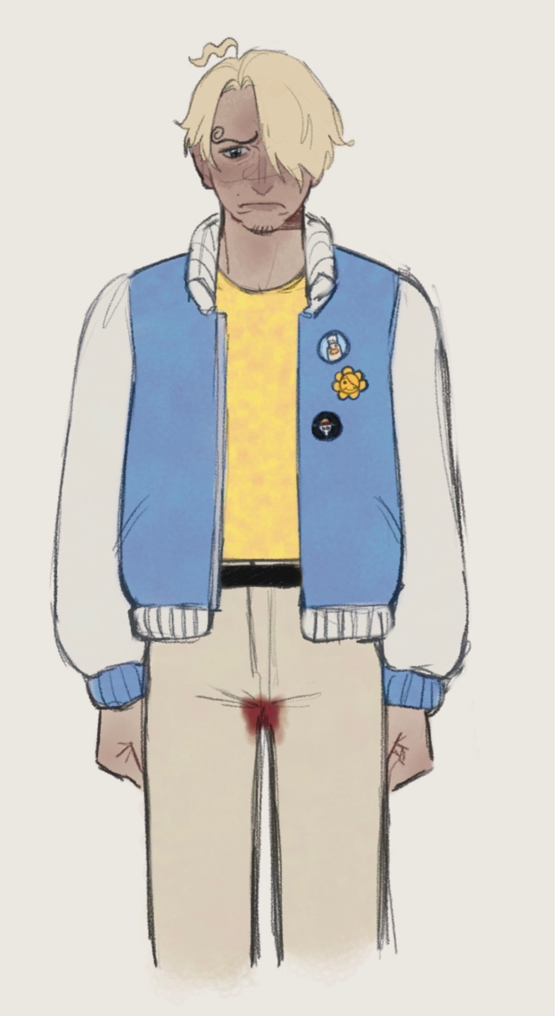 A colored drawing of Sanji standing straight ahead. He has an embarrassed look on his face and will probably start crying. He’s wearing his best cream waist-high pants and they are stained with 
blood. It is shark week. 

(The left side of his bomber jacket has three pins, one of Zeff’s old Cook pirates’ jollyroger, one of a Sanji flower, and one of the Strawhats jollyroger. They are over his heart.)