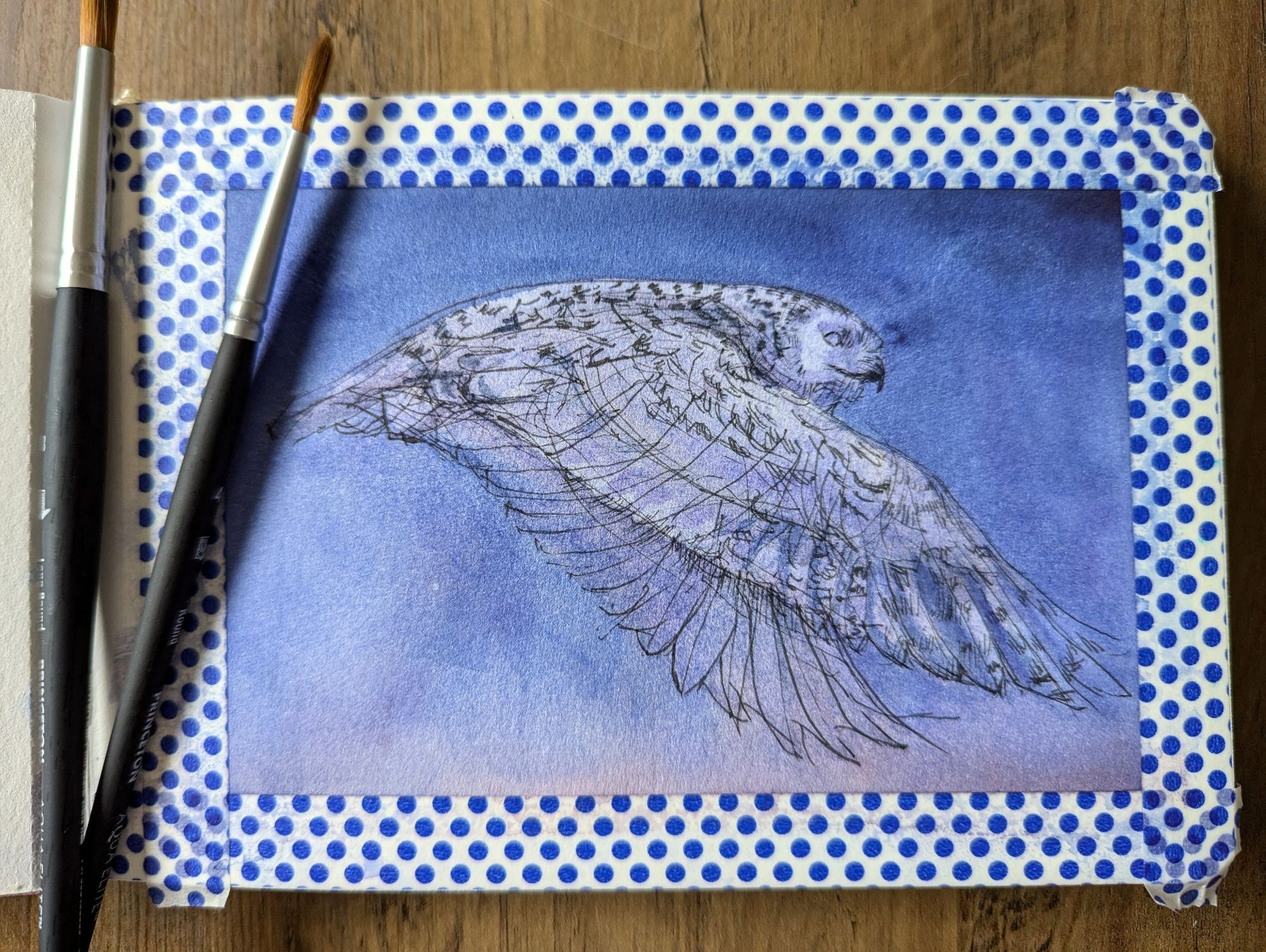 Snowy owl flying. Sketchbook in landscape position. Gradient from indigo to pink violet in watercolor.