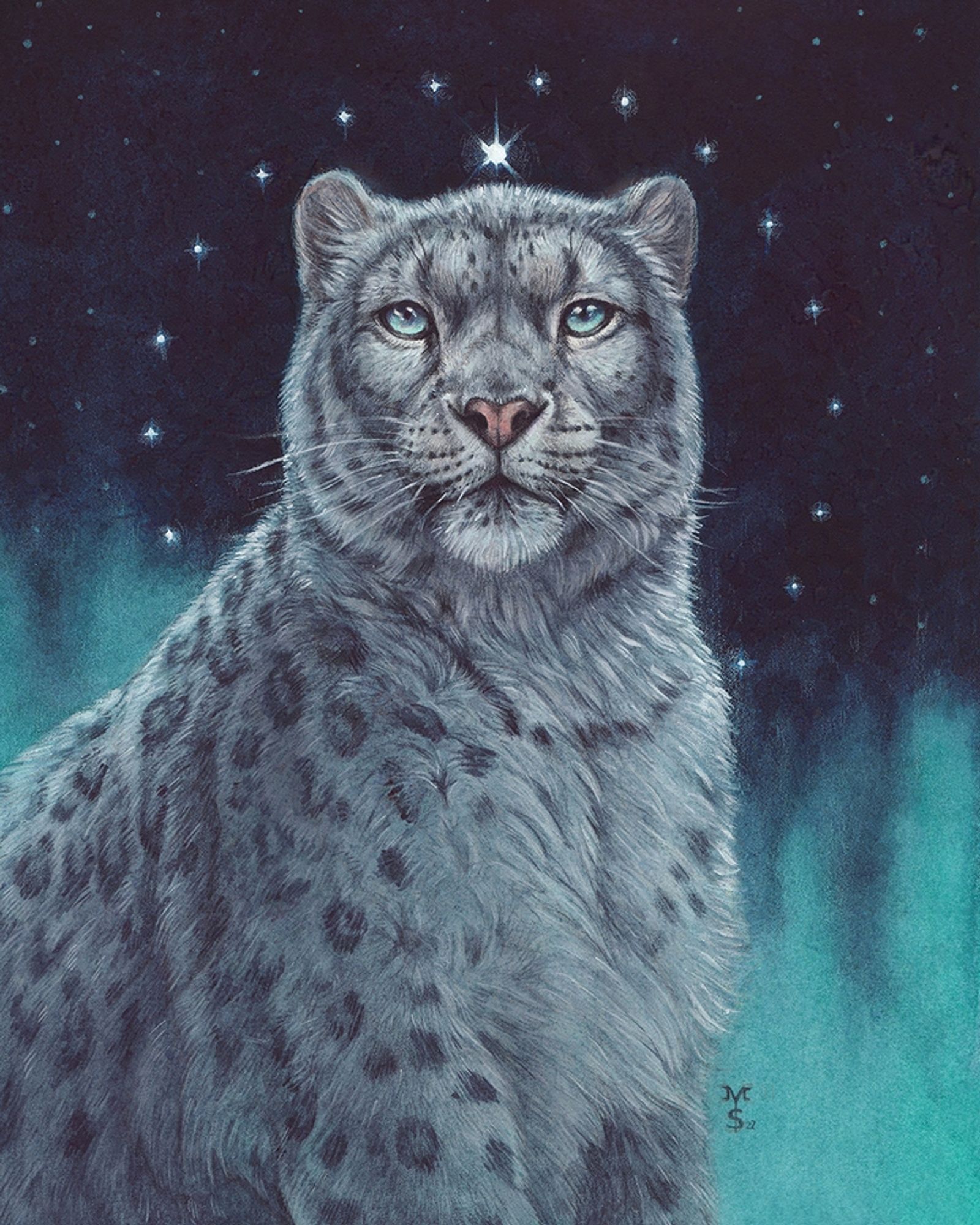 Snow leopard bust/portrait. Halo of stars in acrylics, aurora boralis in deep blue watercolour. Night sky. Art Show Winner aird gallery 2024 WIldlife Exhibition. Melissa Steben.
https://airdgallery.org/2024/03/23/wildlife-2024/