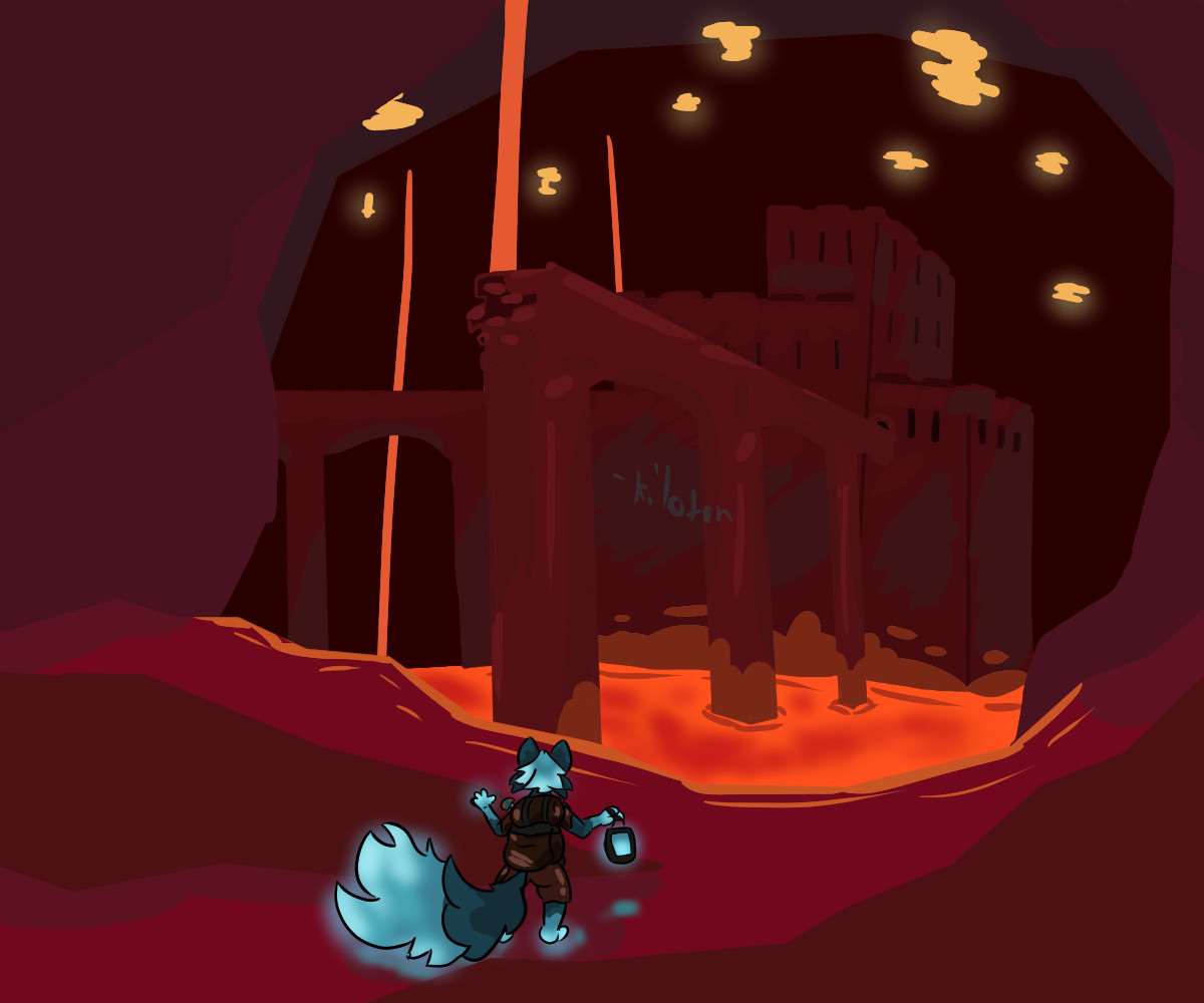 Lyra; a female Soul Foxhound; stumbling upon a Nether Fortress, standing tall above a lava sea.