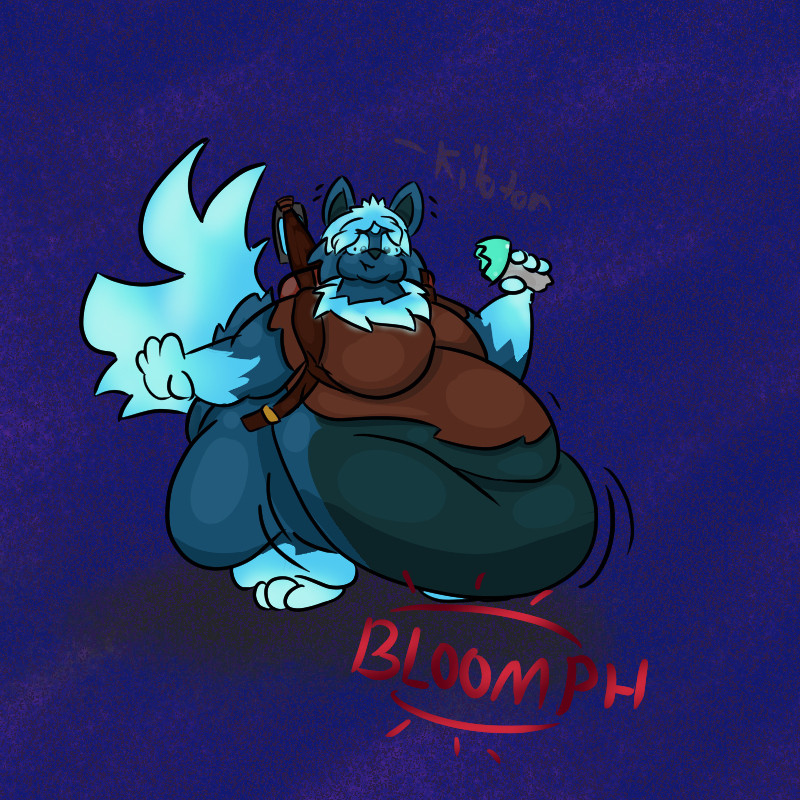 Lyra, a Soul Foxhound, shocked after eating a glimmering mushroom caused her gut to surge outwards with fat.
It was just one bite!