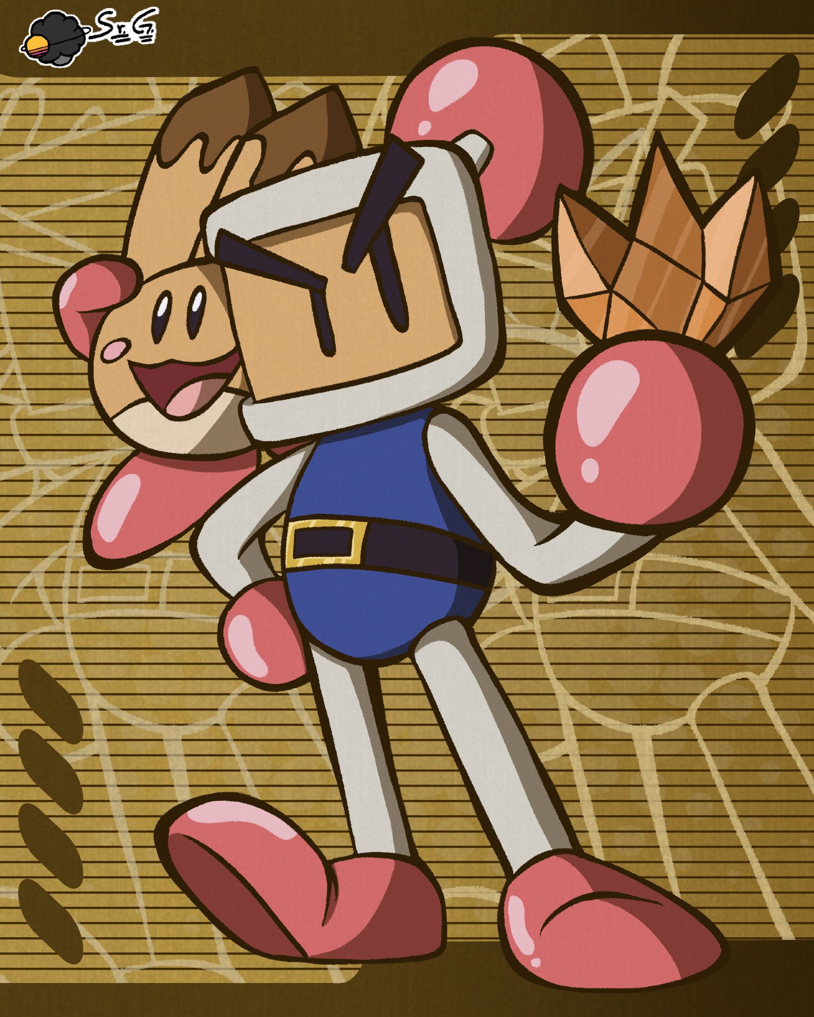 An illustration of Shirobon/White Bomberman and Pommy from Baku Bomberman 2/Bomberman 64: The Second Attack. 

Pommy is on the shoulder of Bomberman that's further from the image, looking at the nondescript area ahead. Shirobon/White Bomberman is looking to the opposite side of Pommy - holding the Fire Stone while in the middle of tapping his foot.