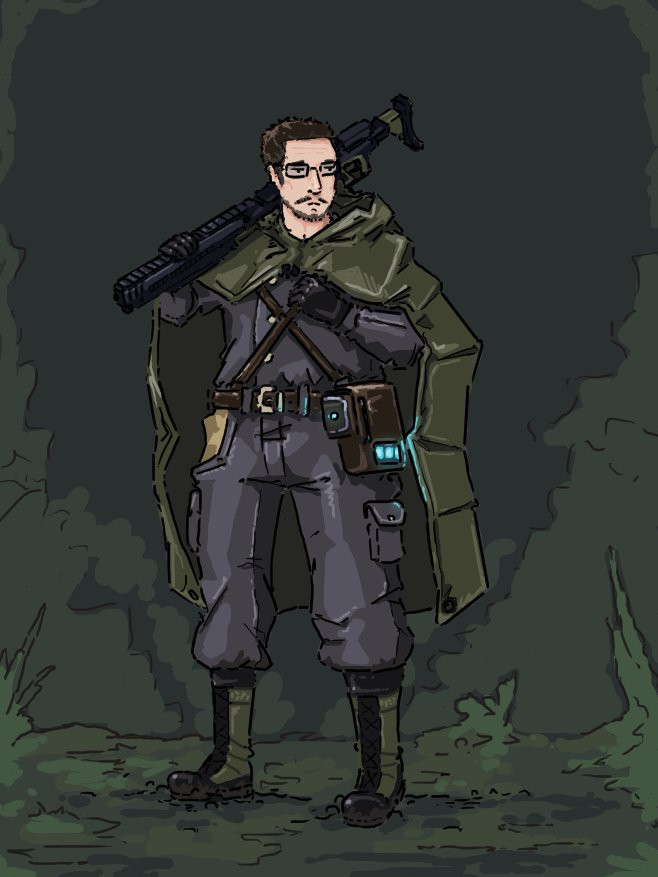 A human man stands in a forest. He wears jungle combat boots and square glasses. His outfit has a yellow underlayer with a grey top layer similar to BDUs. He wears brown combat rigging and carries a satchel with technical resources. He wears black armored gloves and a olive drab rain poncho. He has a large anti-tank machine gun thrown over his shoulder. His hair is cut short and he has a scruffy short beard; all colored a brown leaning towards dirty blond. His eyes are olive green.