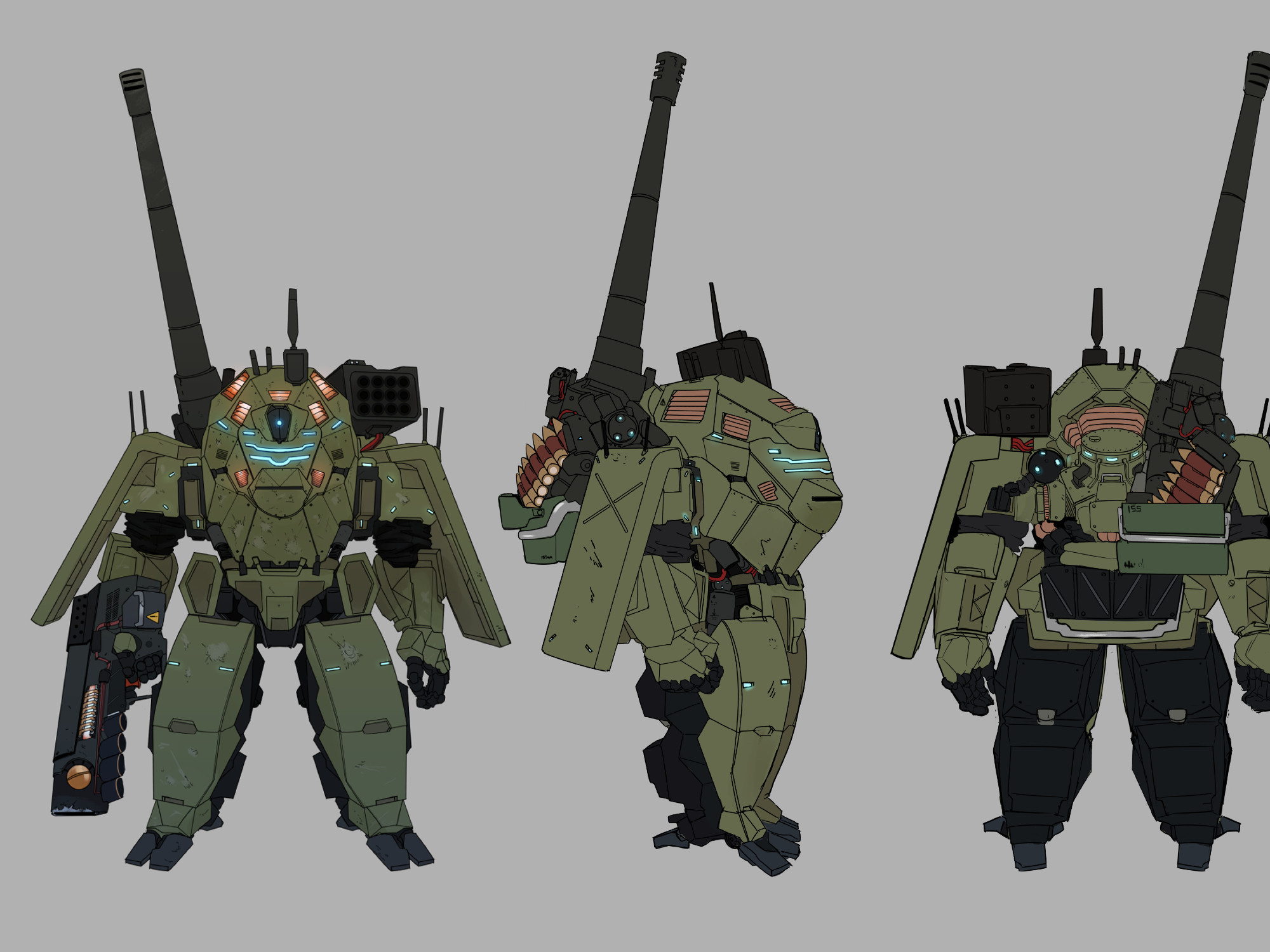 A Sherman turnaround reference for Lancer. Equipped with a shoulder mounted missile launcher and a Siege Cannon. The mech has features inspired by various mechs, including the Tieren Command type and Gundam Virtue Type P. It holds a prototype plasma blaster with hints of T'au vibes alongside looking very barebones. Cherenkov blue glows are featured across the mech, as are VERY hot vents. The overall color is olive drab with black metal weapons and joints.