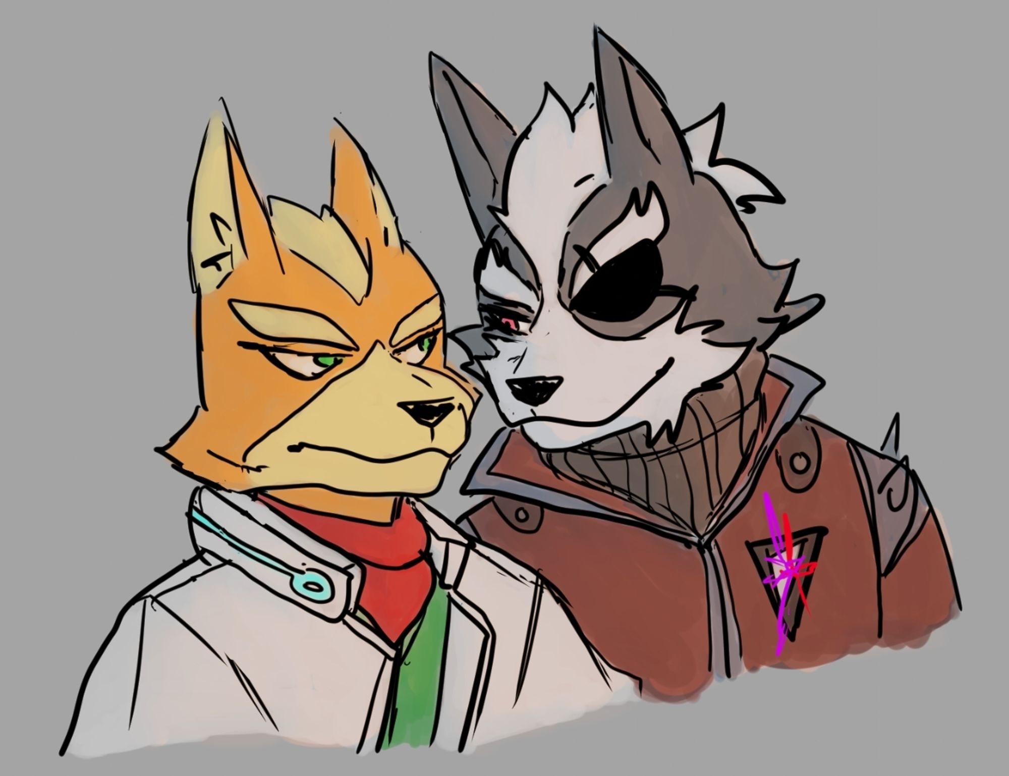 fox mccloud and wolf o'donnell from the star fox series standing next to each other. fox is not happy and wolf is :)