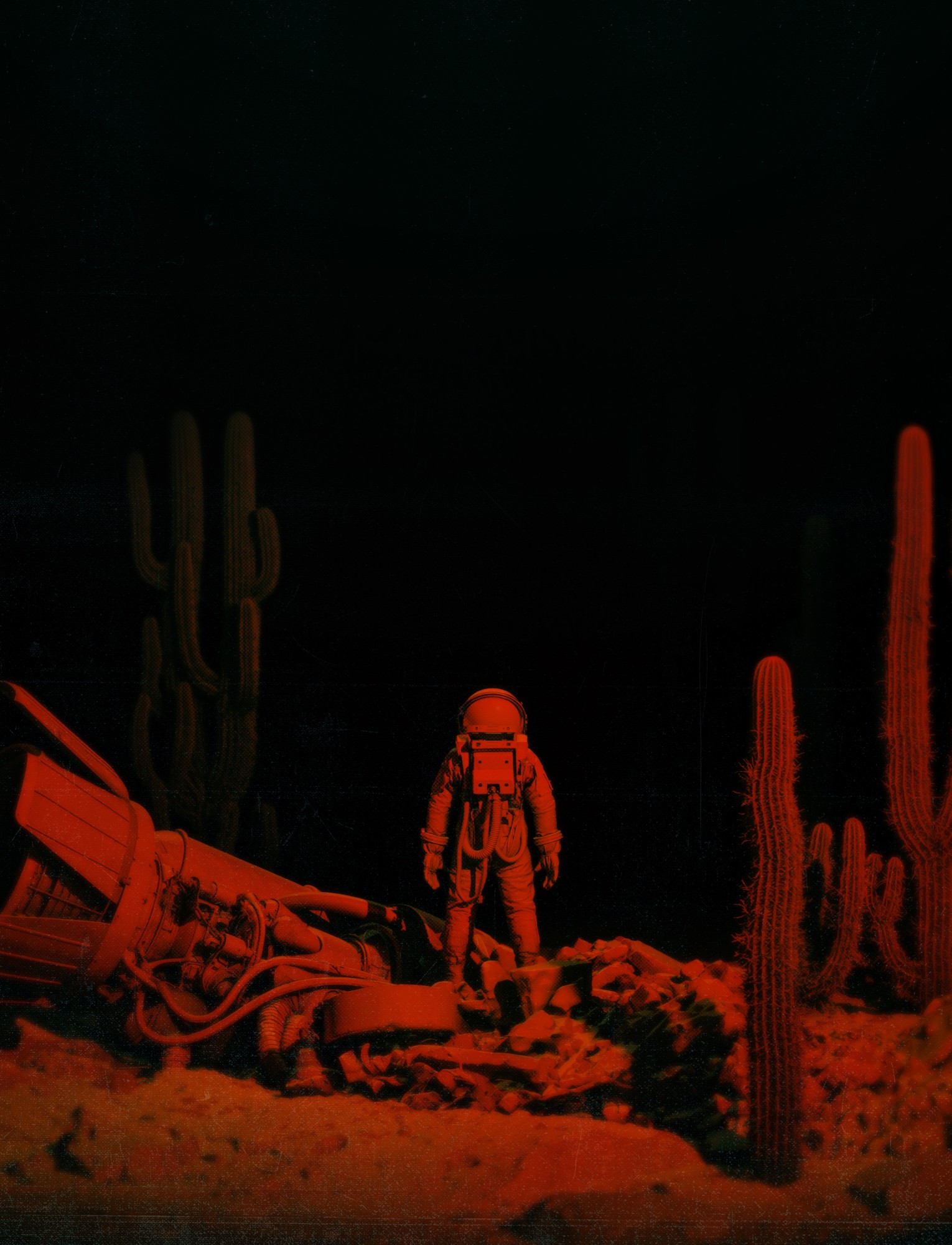 black and red picture of an astronaut lost in a desert by night