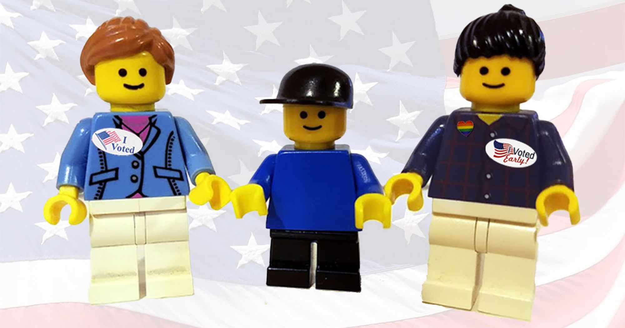 LEGO minifigs - two moms and son, with "I voted" stickers and American flag background