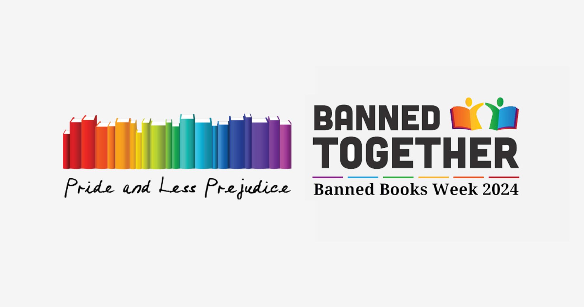 Logos of Pride and Less Prejudice and Banned Together - Banned Books Week 2024