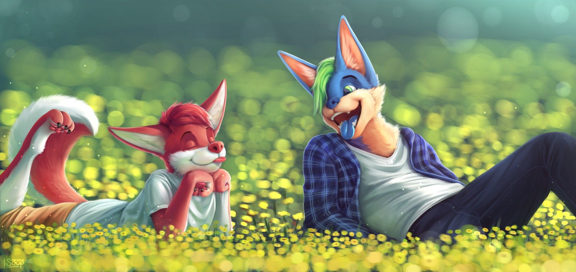 A red fox and a blue dog are laying in a bright warm flower field, the fox is laying on his stomach with his head resting on his paws, his eyes closed and his tongue sticking out, he looks as though he is enjoying the warmth of the sun.

The blue dog is laying on his back resting on his elbows and looking over at the fox and smiling cheerfully at him.