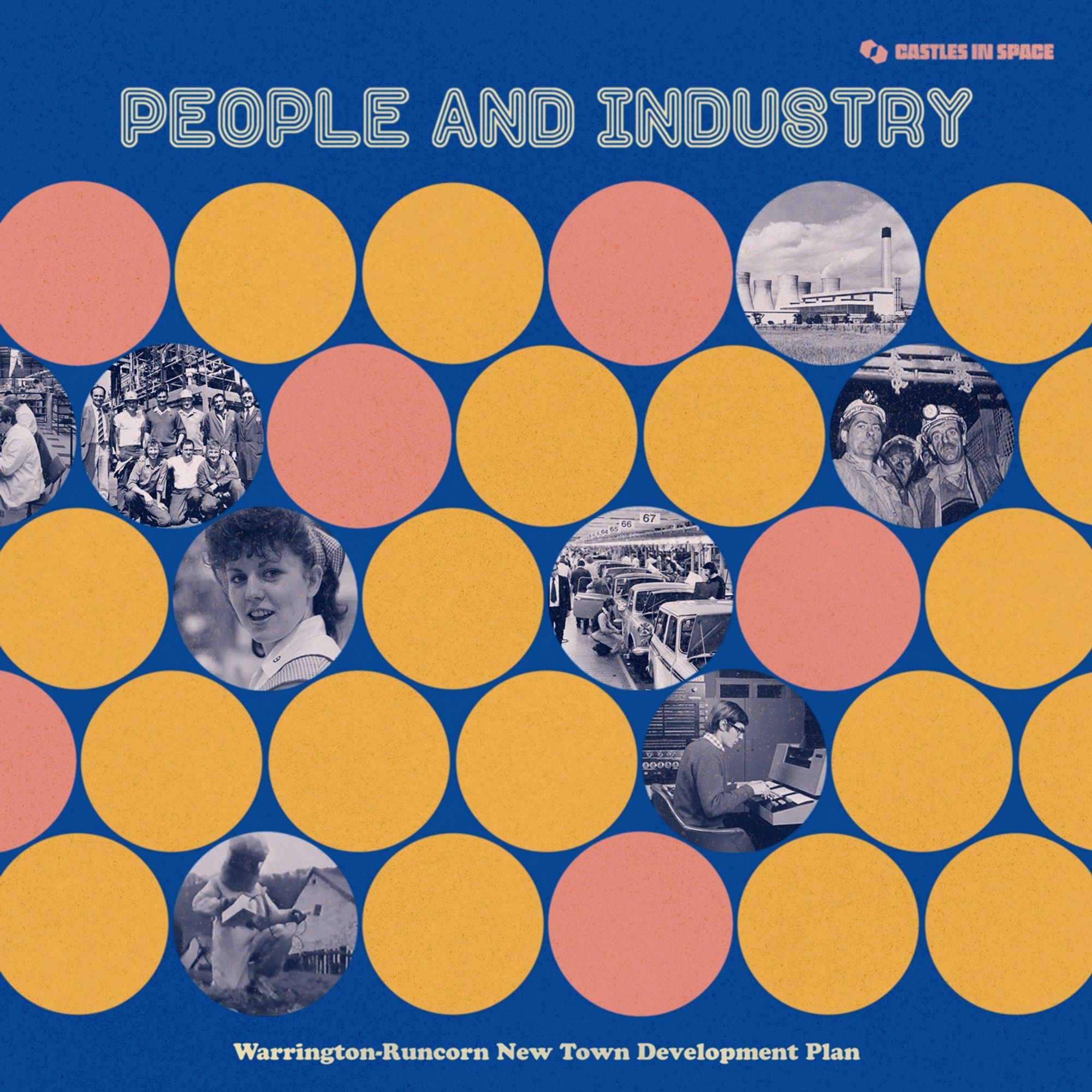 An early draft artwork for People & Industry show a montage of yellow and pink dots on a blue background. Some of the dots are replaced with black and white pictures of people at work.