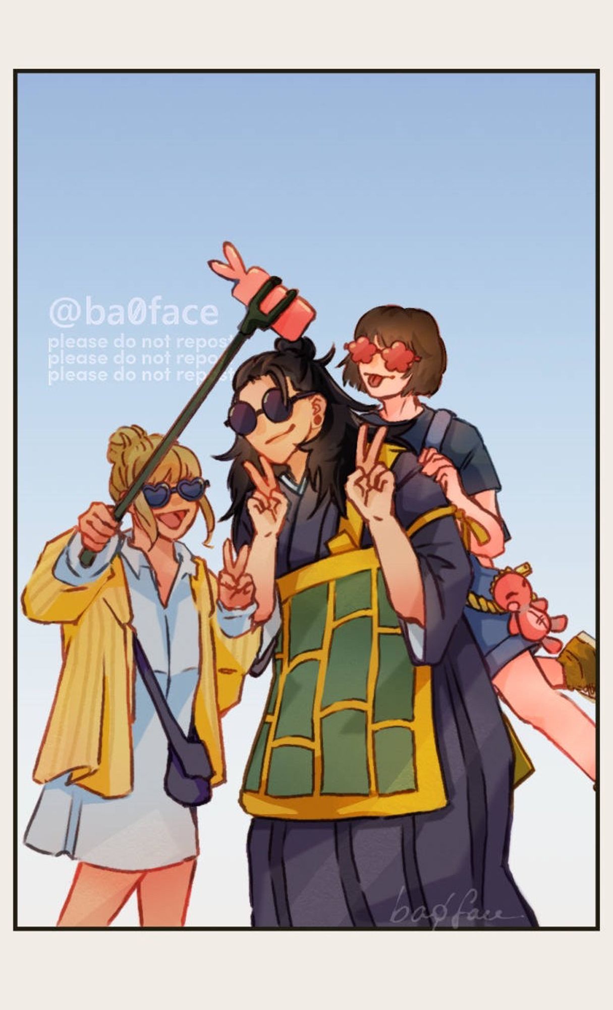 Geto taking selfies with Mimiko and Nanako, with cute sunglasses on. Nanako and Mimiko wearing heart and flower shaped sunglasses, Geto wearing Round Dark Sunglasses (1/2)