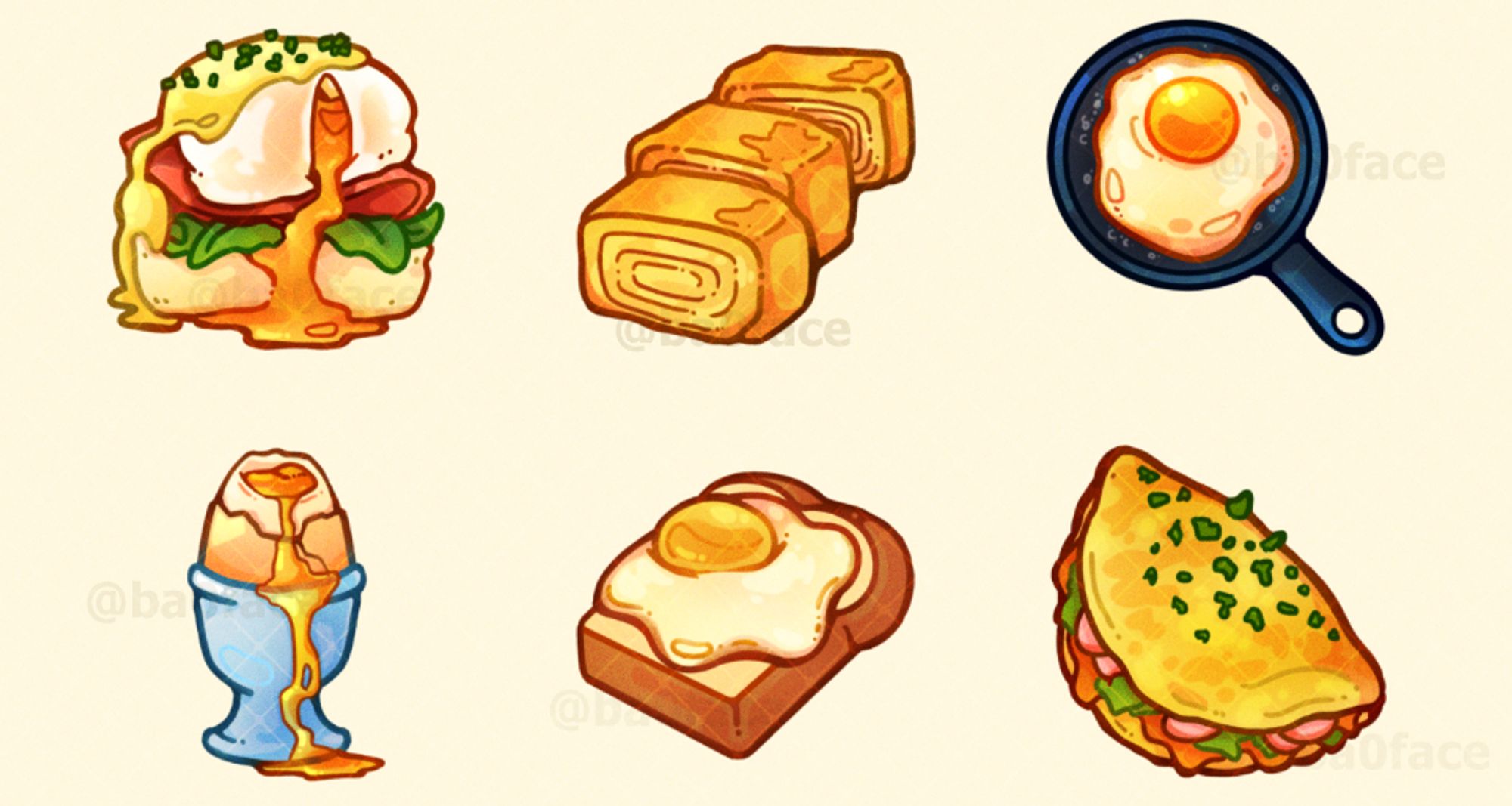 little breakfast stickers. an eggs benedict , tamagoyaki, fried egg, a soft boiled egg, egg on toast and an omelette