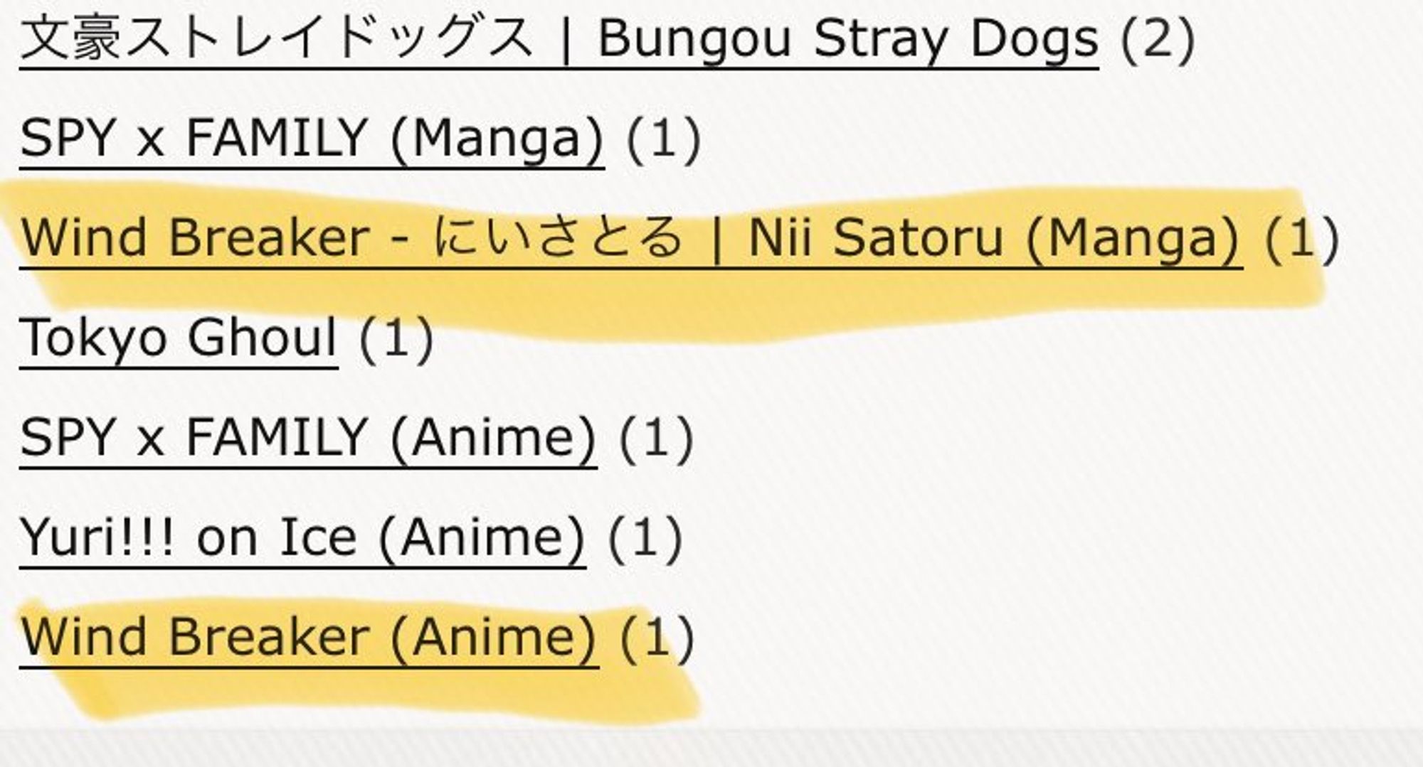 screenshot of some of the fandoms i've written for on ao3:
bungo stray dogs (2)
spy family manga (1)
windbreaker manga (highlighted in yellow) (1)
tokoy ghoul (1)
spy family anime (1)
yuri on ice anime (1)
windbreaker anime (highlighted in yellow) (1)