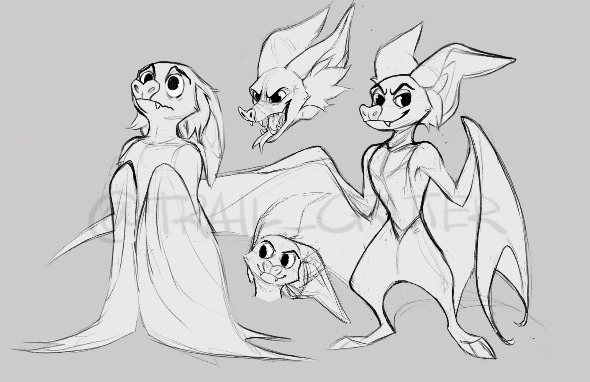 a series of grey-scale sketches of a bat character, with several different expressions and poses.