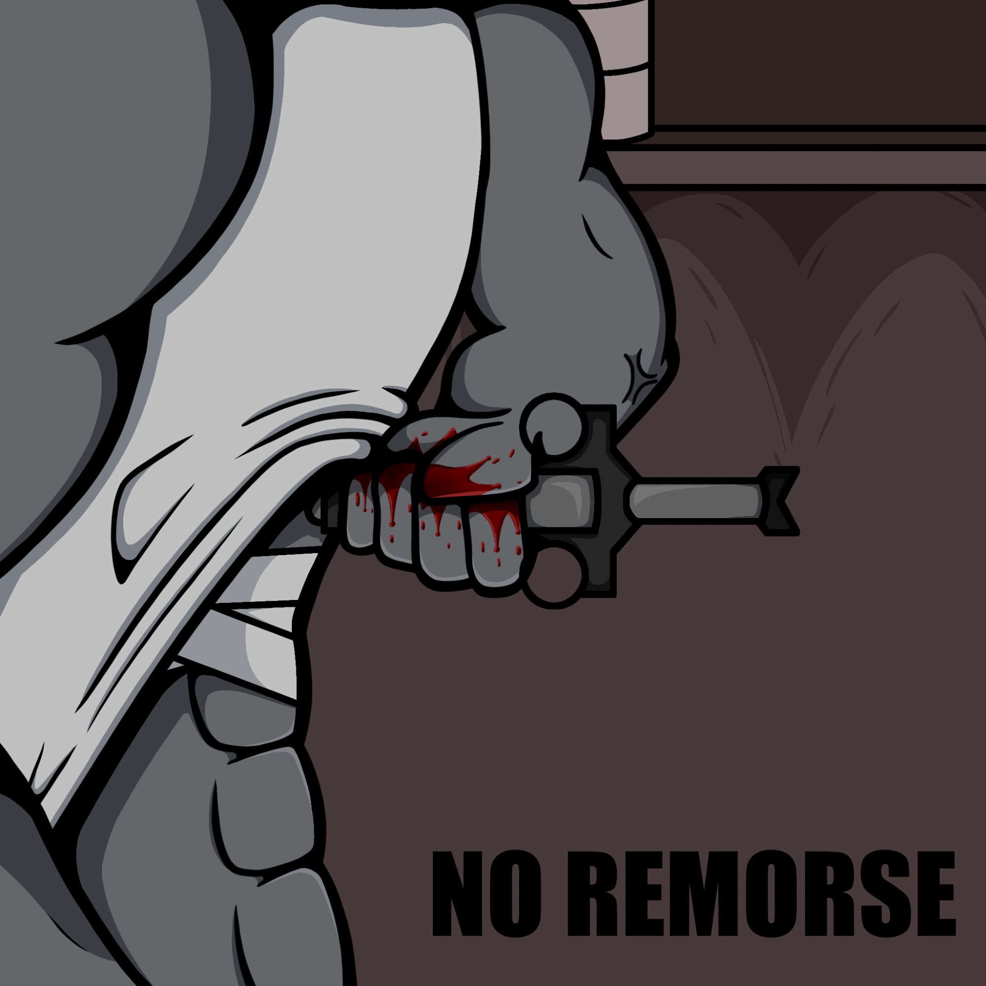 A drawing of a bloody hand stabbing an adrenaline needle into its user's torso. The user is muscular, and by lifting his whuterank top to use the needle reveals his fresh bandages. The background is tinted red. A text in the bottom right says "NO REMORSE"