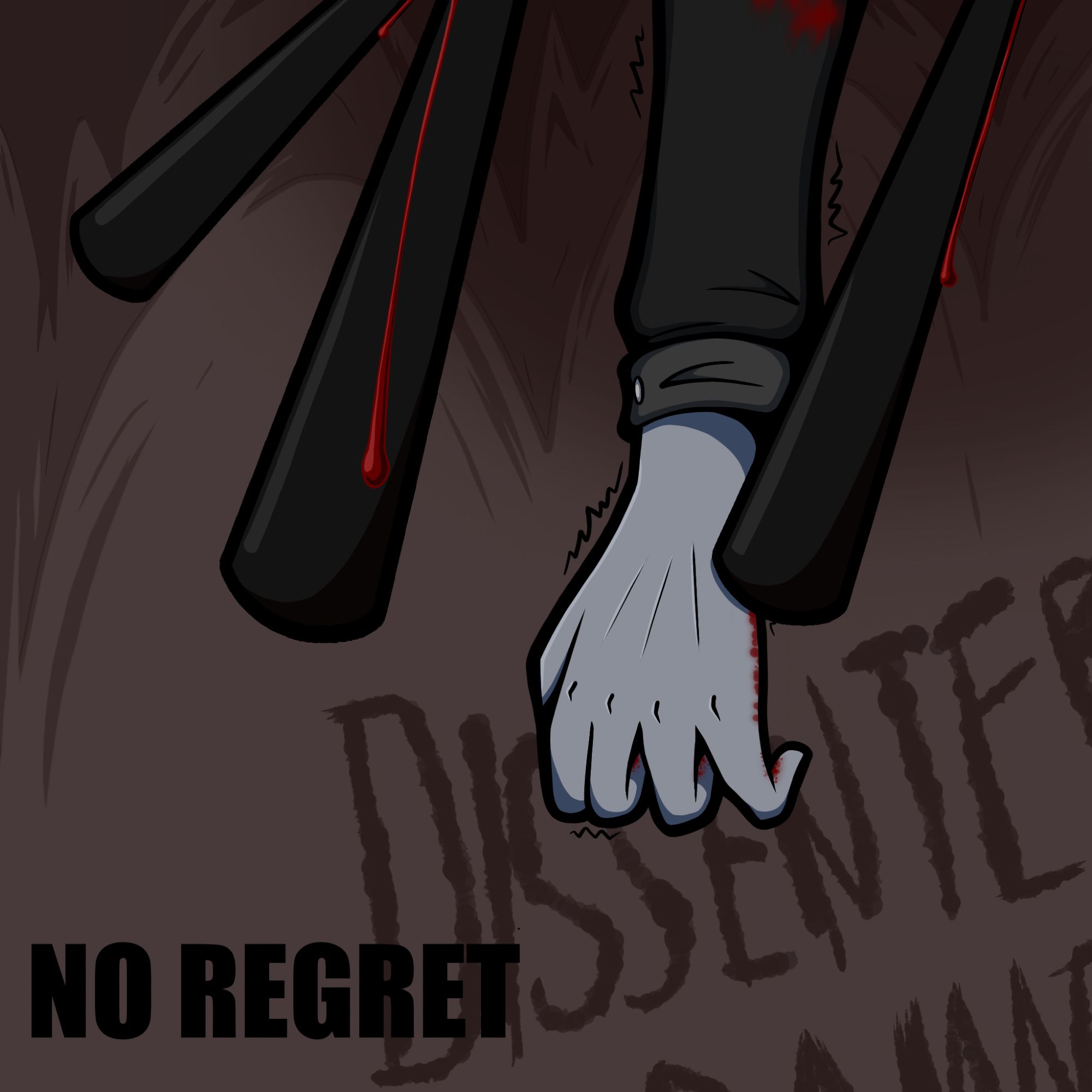 A image of a shaking hand who's body is hidden from view, although the giant black nails pinning it to the ceiling are visible. A bit of blood trickles down the spikes and stains the palm of the hand. The red tinted background shows a portion of a message that says "DISSENTER BE DAMNED". In the bottom left corner there is text that says "NO REGRET"