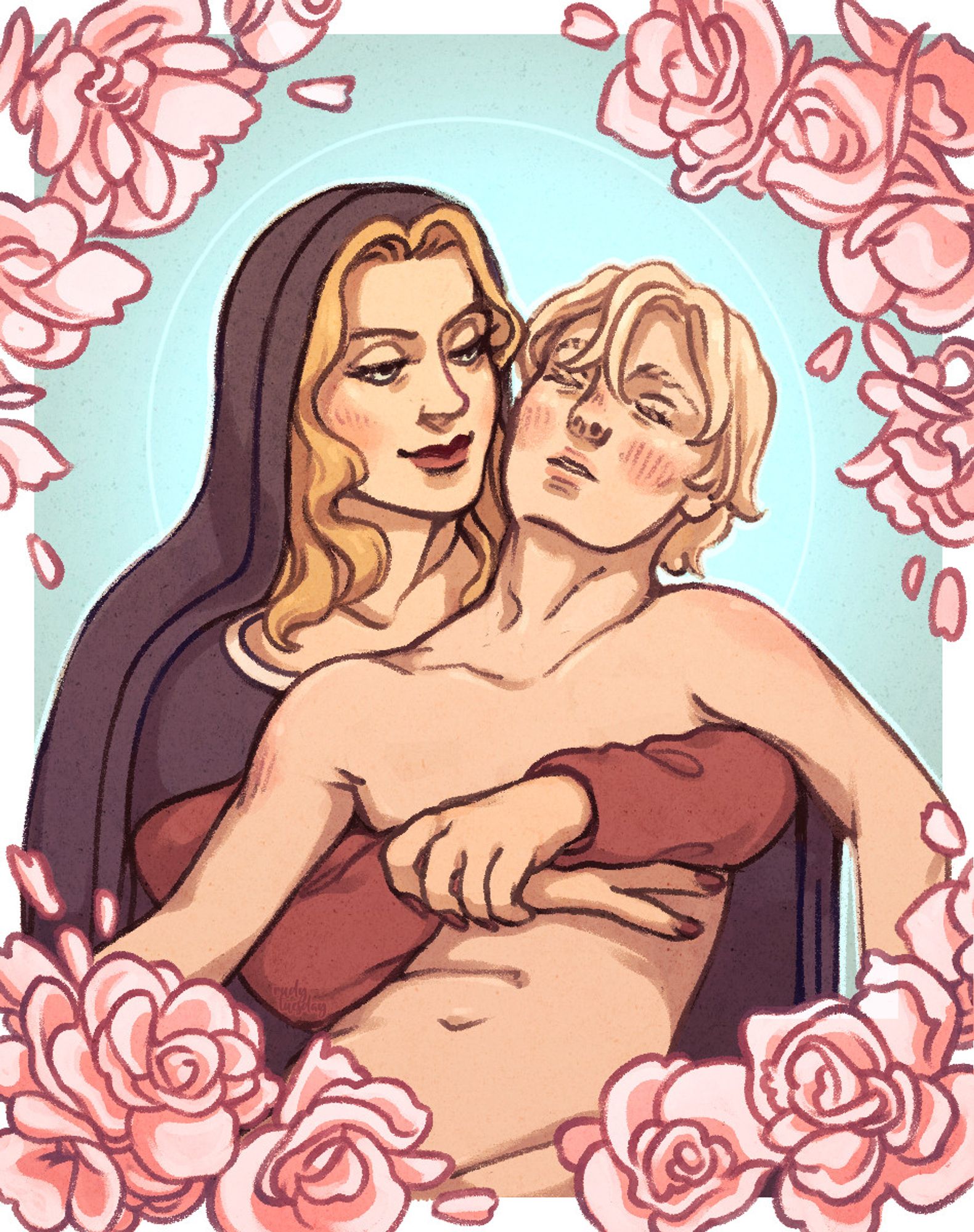 annemarie holding emilein with her arms wrapped around his torso, looking at him with a gentle smile. emilein is relaxed in her embrace with his eyes closed, his lips parted and his head lolled back. the background is a light sky blue with a thin halo encircling their heads.

they are framed with pink begonias angelique which are shedding petals.