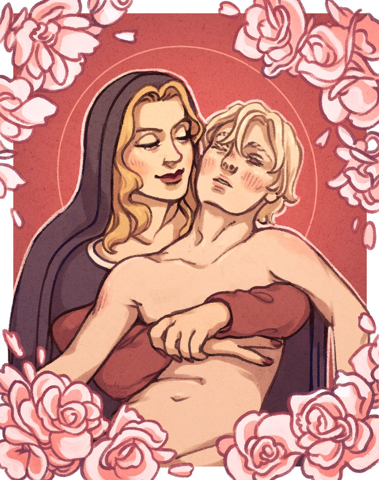 an alternate version of "angelique" where annemarie's eyes are closed and emilein has one eye open, looking at the viewer. the background is the same red color as his eye.