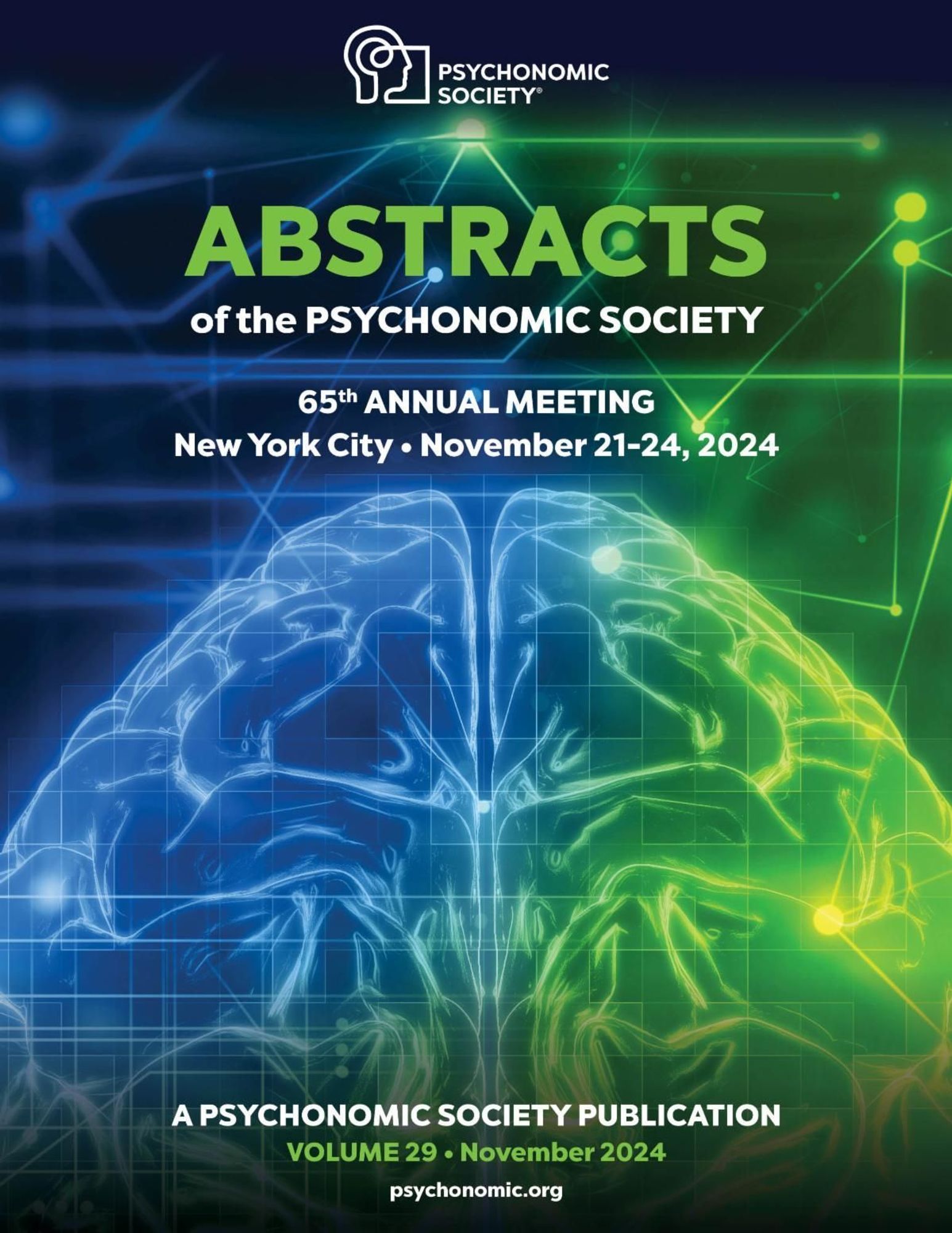 Cover of the PS 2024 Annual Meeting Abstract Book featuring a brain graphic in the event colors of green and blue shades, as well as basic meeting information including the November 21-24 dates.