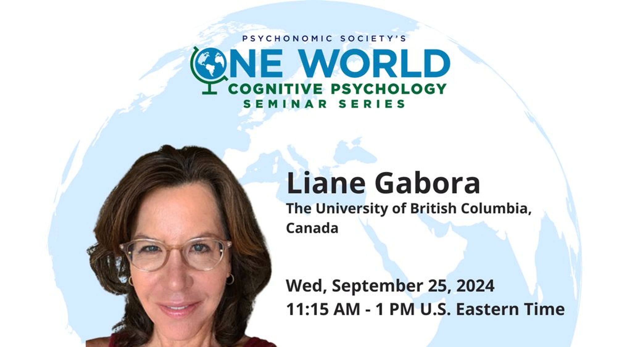 Image promoting the PS One World Seminar featuring Liane Gabora, scheduled for September 25 at 11:15 AM ET. Includes headshot of speaker and event details.