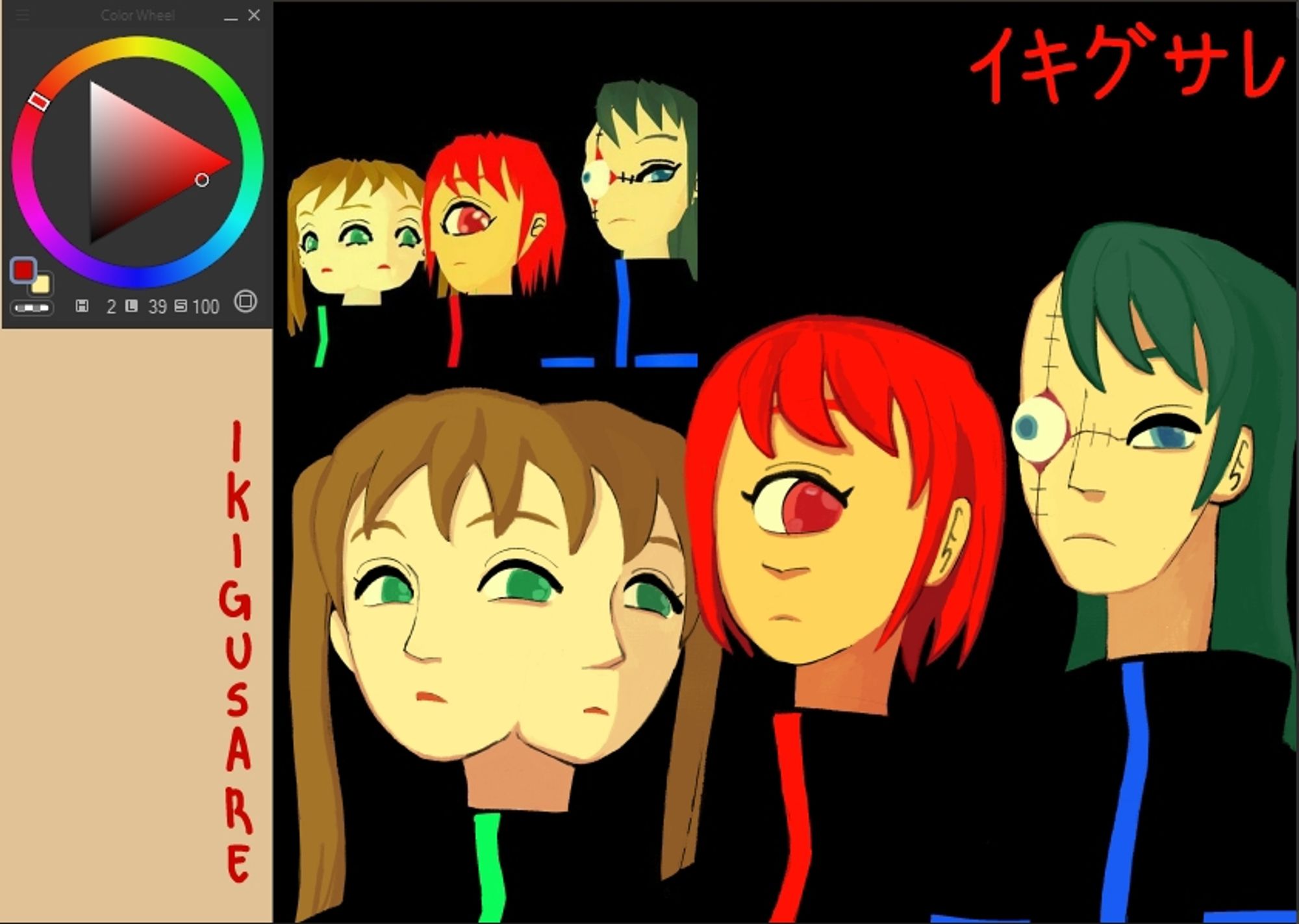 screenshot from clip studio paint with a drawing of three monster girls from the japanese idol group ''ikigusare idols'': sango, ichigo and niigo respectively