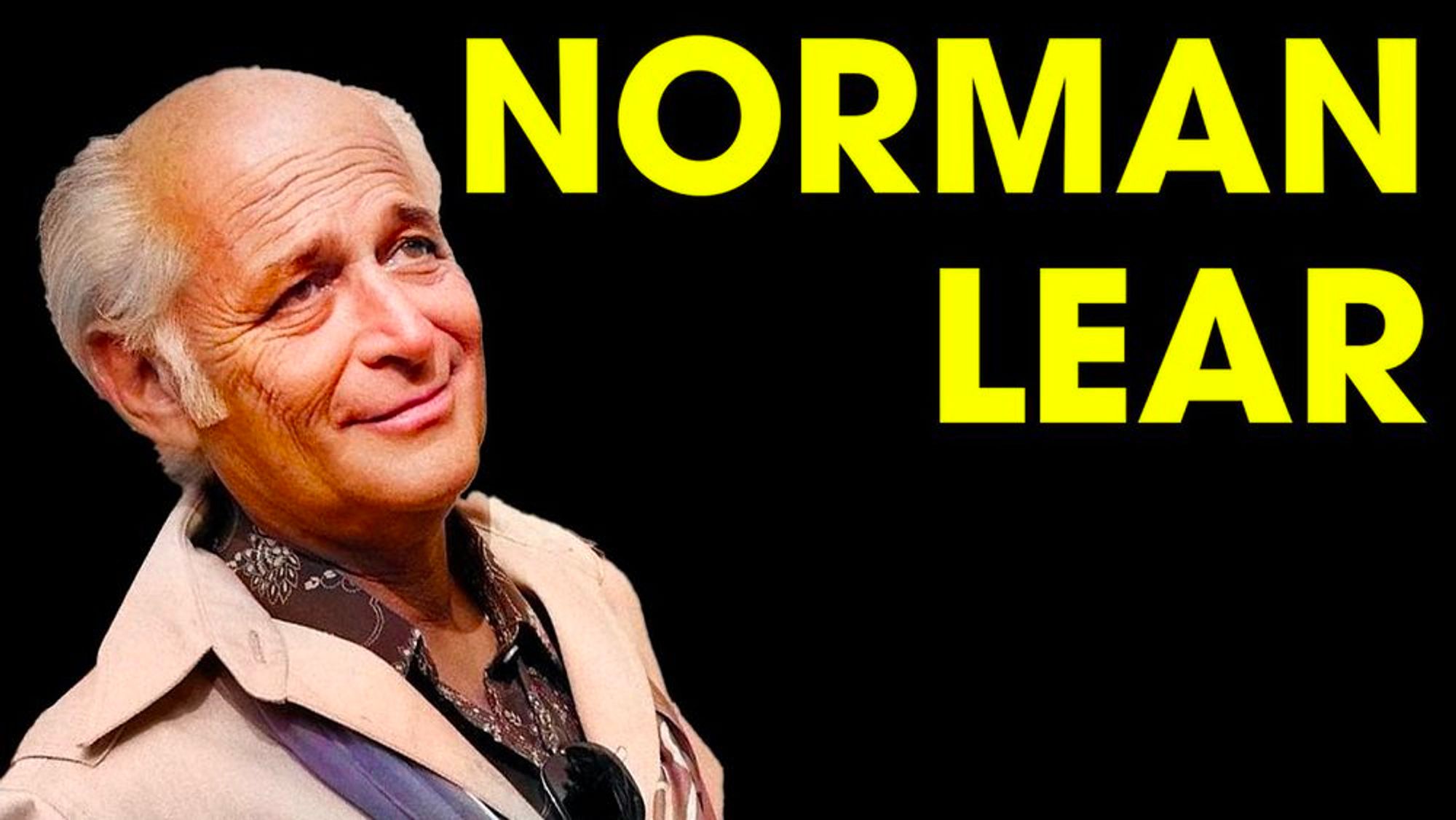 photo of norman lear against a black background, with his name in yellow text