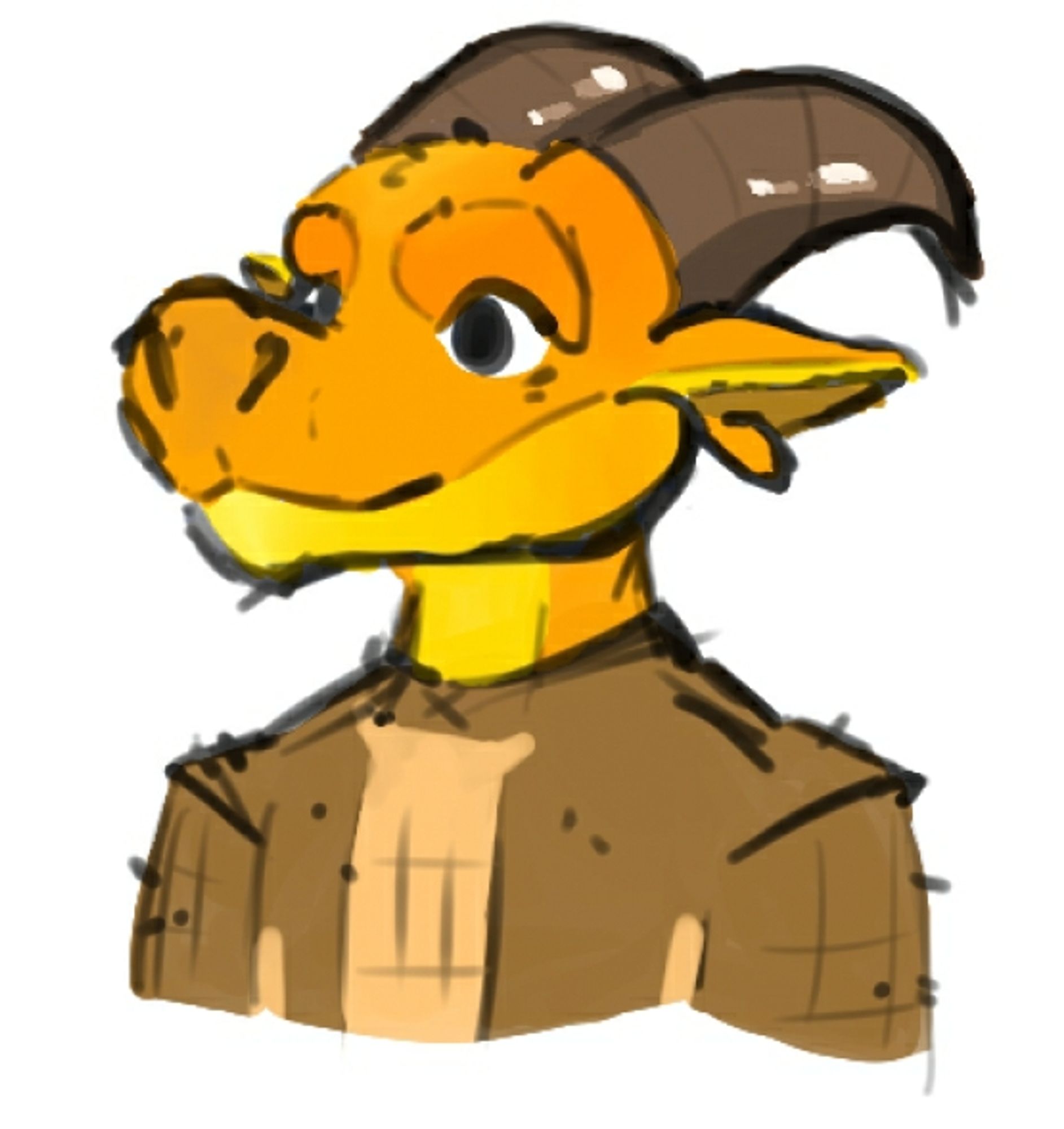 an orange and yellow kobold with medieval clothing