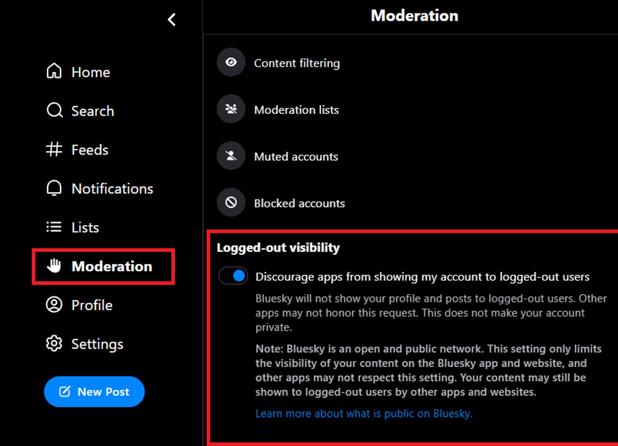 screen of bsky moderation settings to discourage apps from showing your account to logged out users.