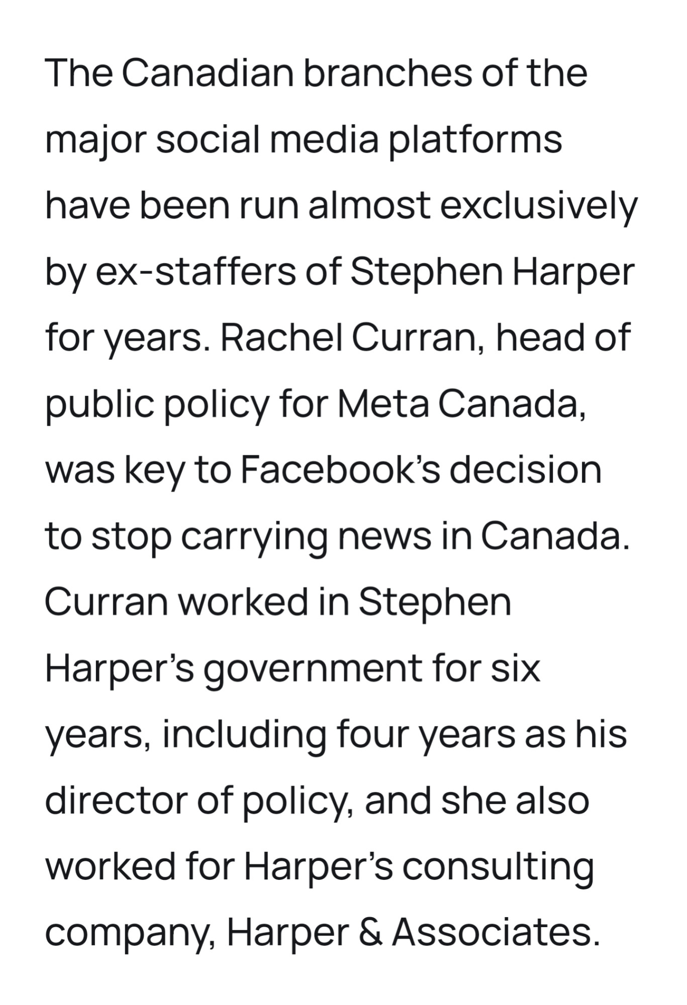 Screenshot from Corruptario article: The Canadian branches of the social media platforms have been run almost exclusively by ex-staffers of Stephen Harper for years.