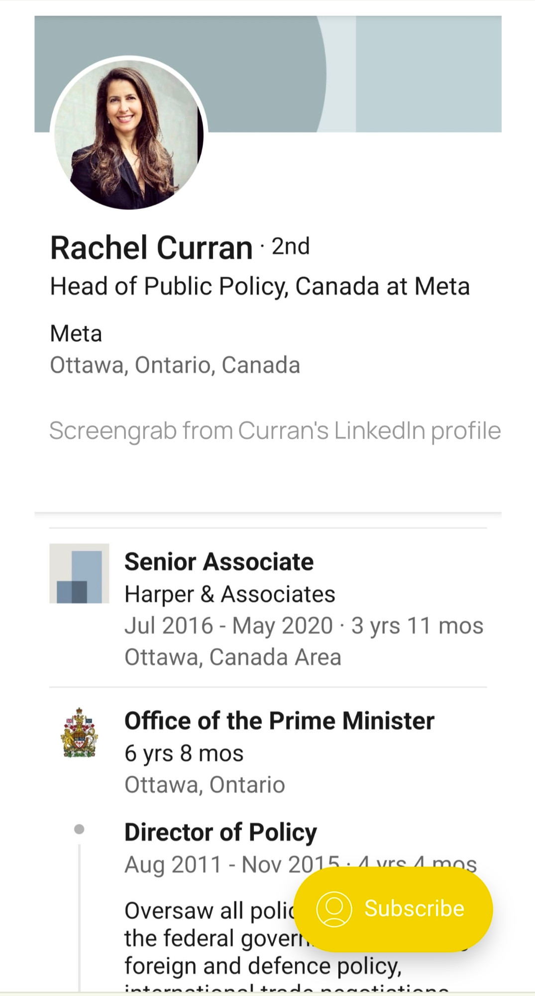 LinkedIn profile of Rachel Curran, head of public policy at Meta Canada and former Harper staffer.