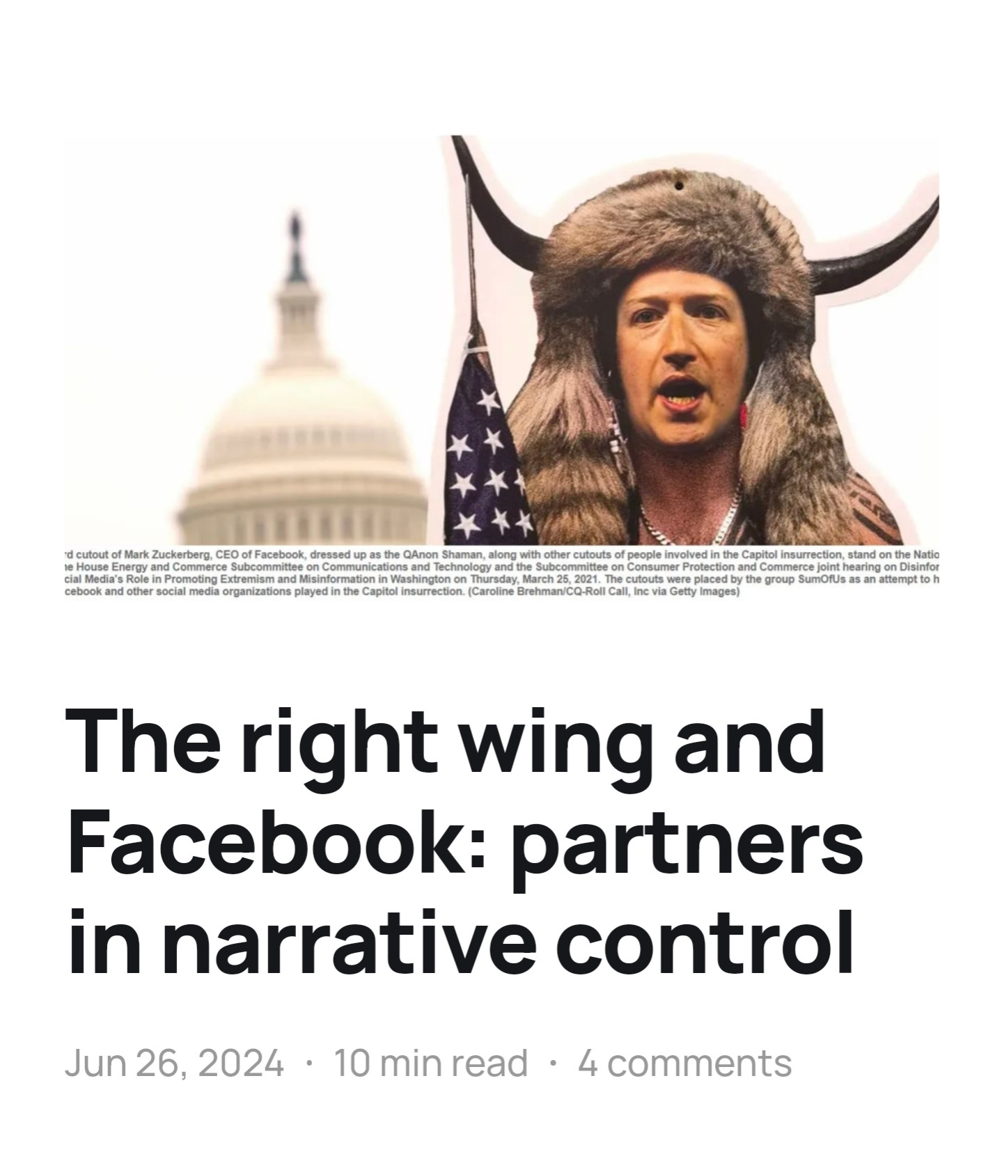 Screenshot of Corruptario headline:  The right wing and Facebook: partners in narrative control