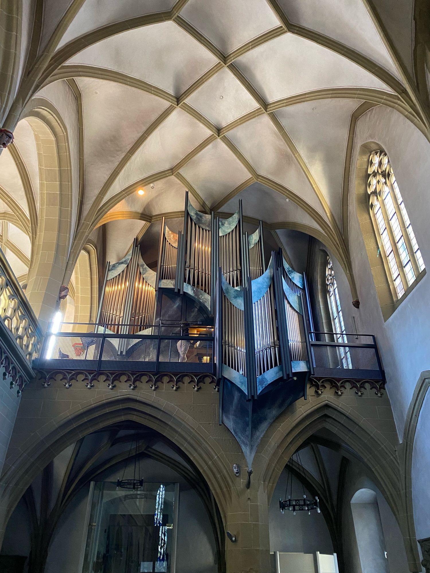 Hinterer Teil einer gotischen Hallenkirche mit Kreuzrippengewölbe. Auf einer Steinempore eine Orgel in geschwungenen Formen.