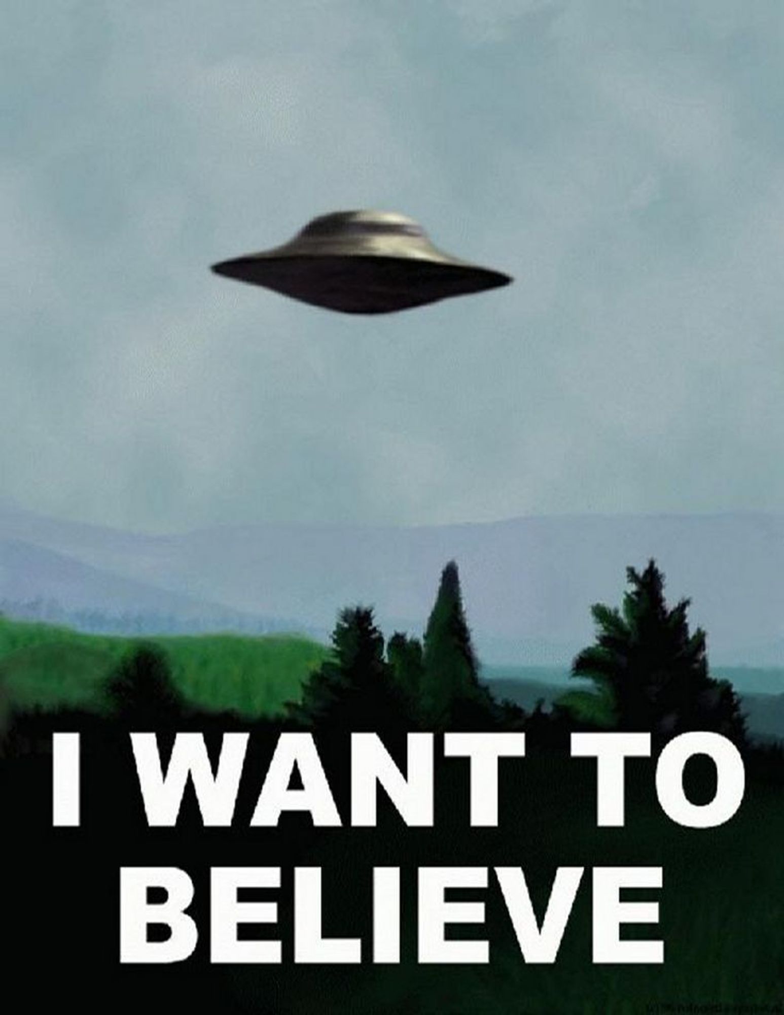 Poster from the x files with a UFO an the words "I want to believe"