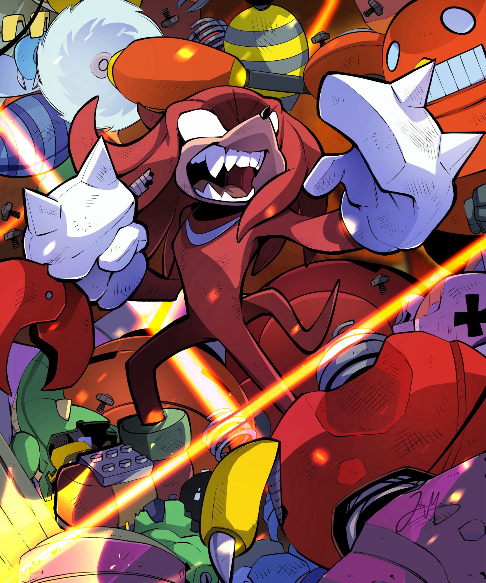 Knuckles the echidna fighting robots