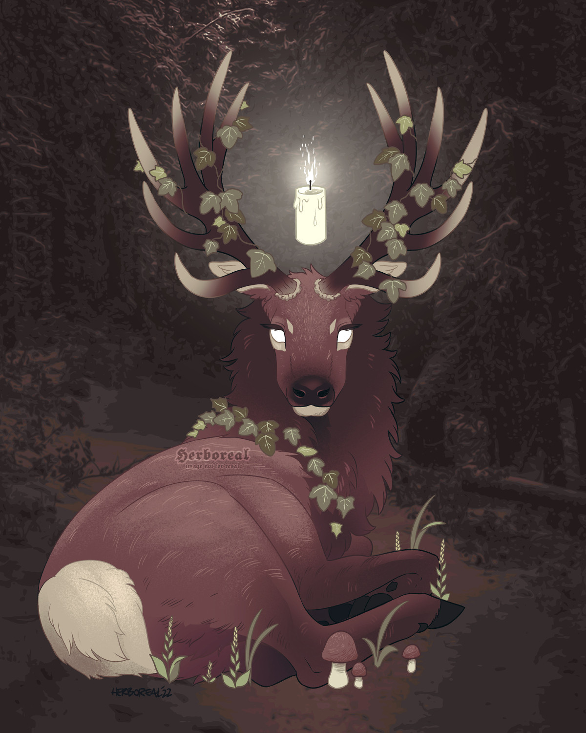 Digital artwork of an elk with ivy growing on its antlers and mane. It's laying in the snow and has empty white eyes. A lit candle floats between its antlers.