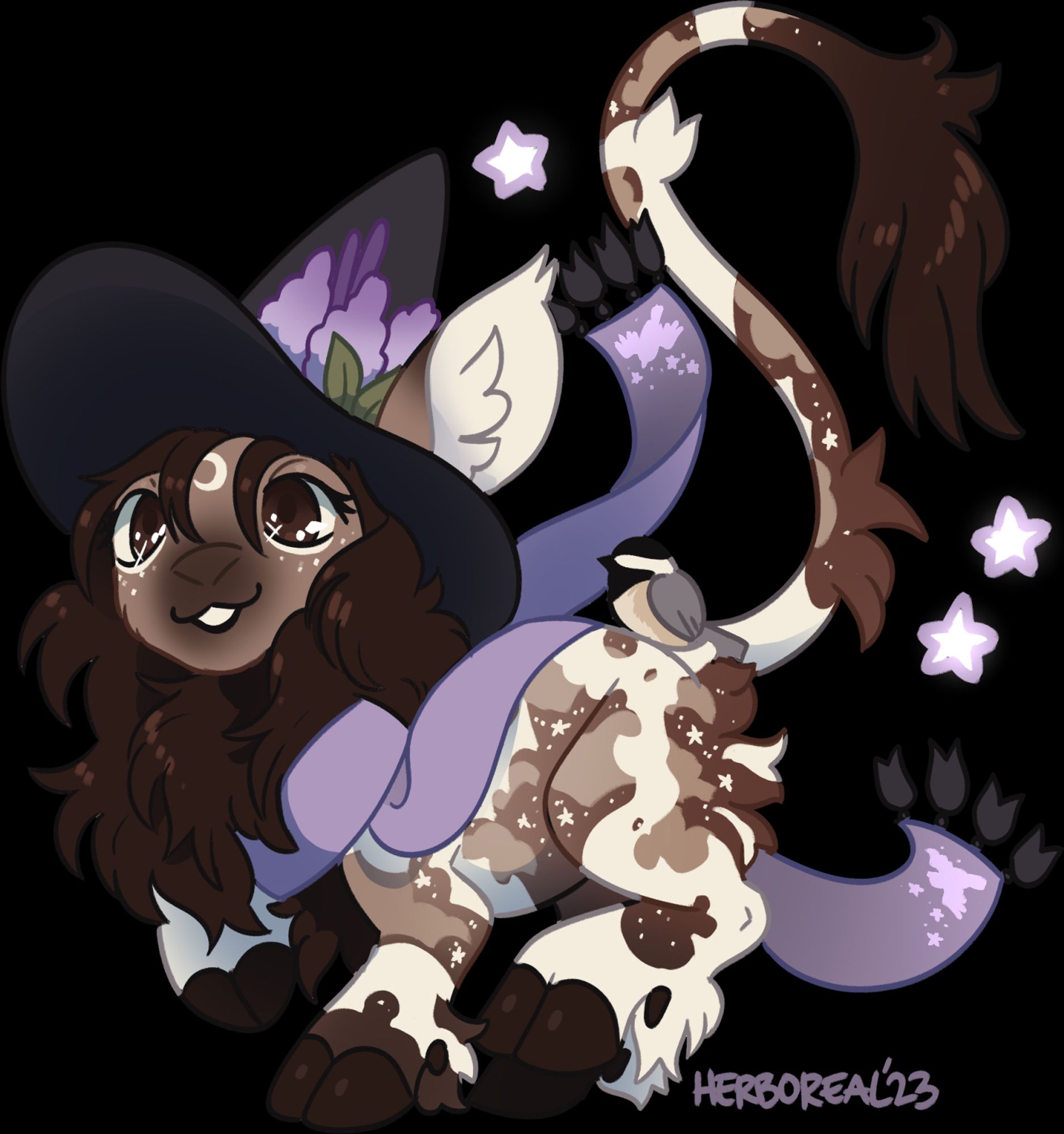 A mini-style colored drawing of a bepotelkh (elk-like creature). its various shades of brown with white piebald. its wearing a purple scarf and a witches hat with flowers. A chickadee is sitting on its rump. its joyfully prancing. 