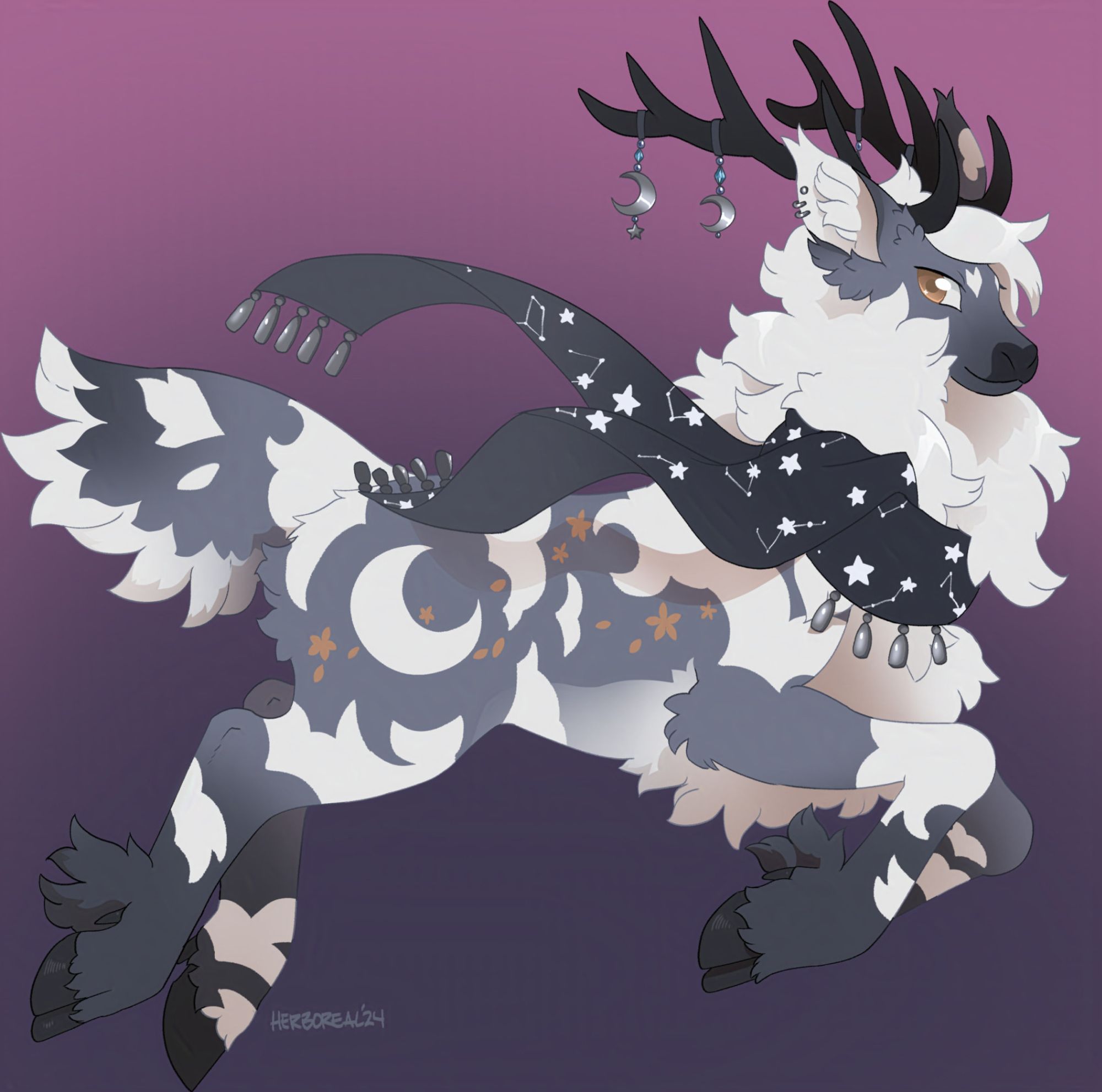 digital art of a bepotelkh (elk creature). It's mainly blue-gray and white, with a constellation pattern scarf.