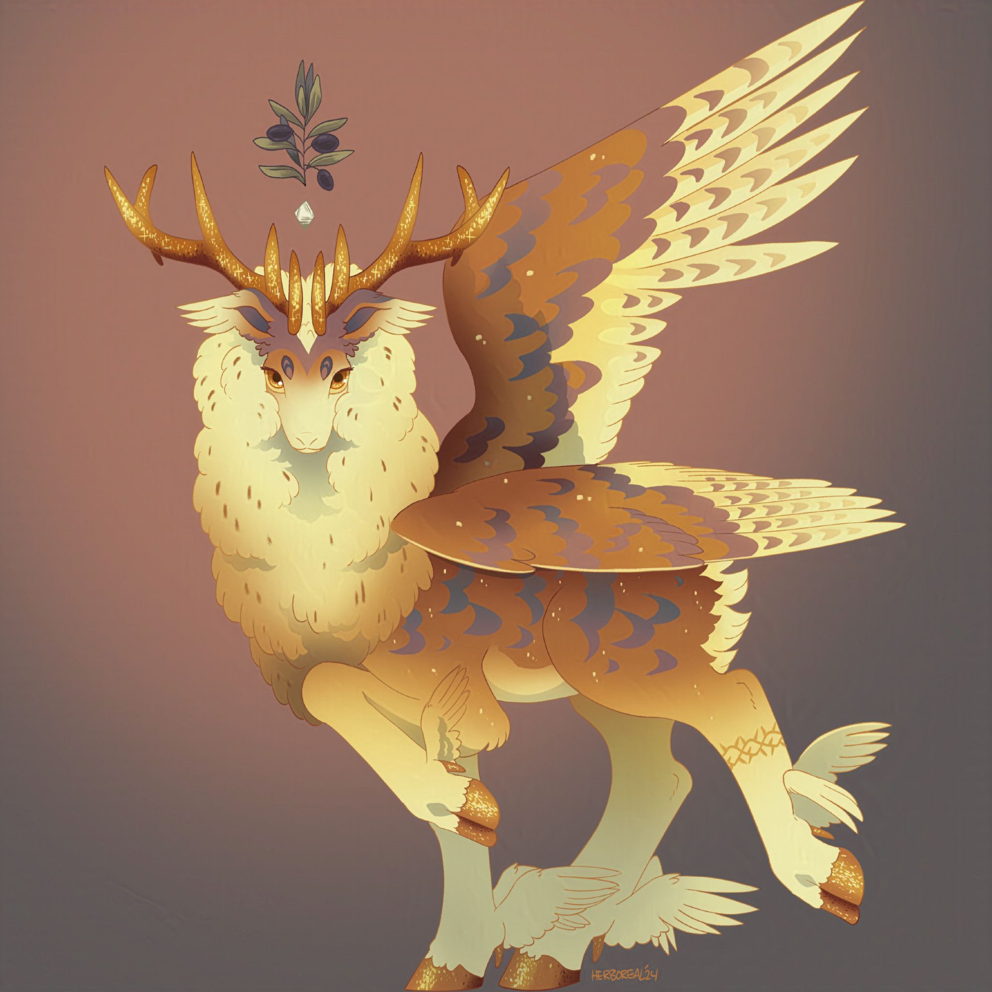 Digital art of a bepotelkh (elk creature) character. It's barn owl themed in warm yellow, brown, and gray tones, with some sparkling gold accents.