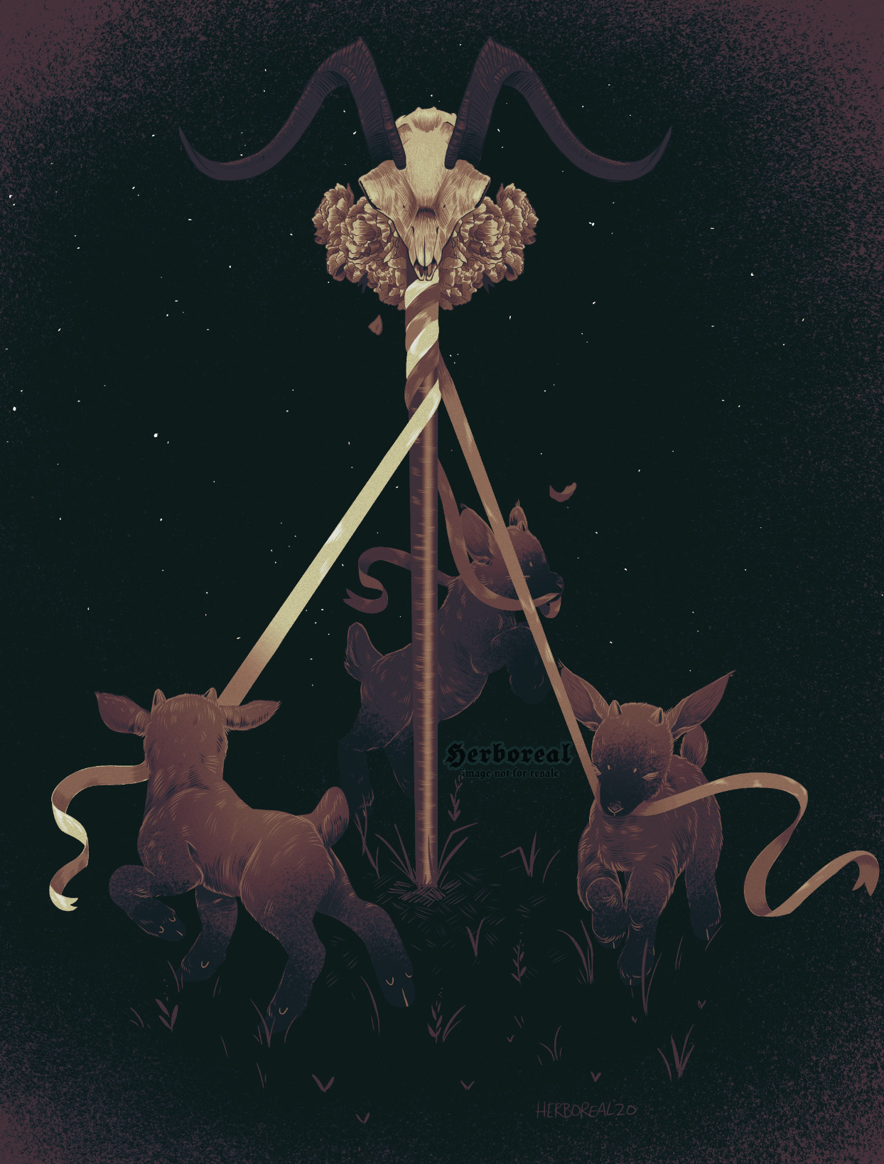 Digital artwork of three baby goats wrapping ribbon around a maypole. They're trotting around the pole with the ribbon in each of their mouths. The image is mostly black with dark purple-brown and cream. There is an adult goat skull and flowers at the top of the maypole.