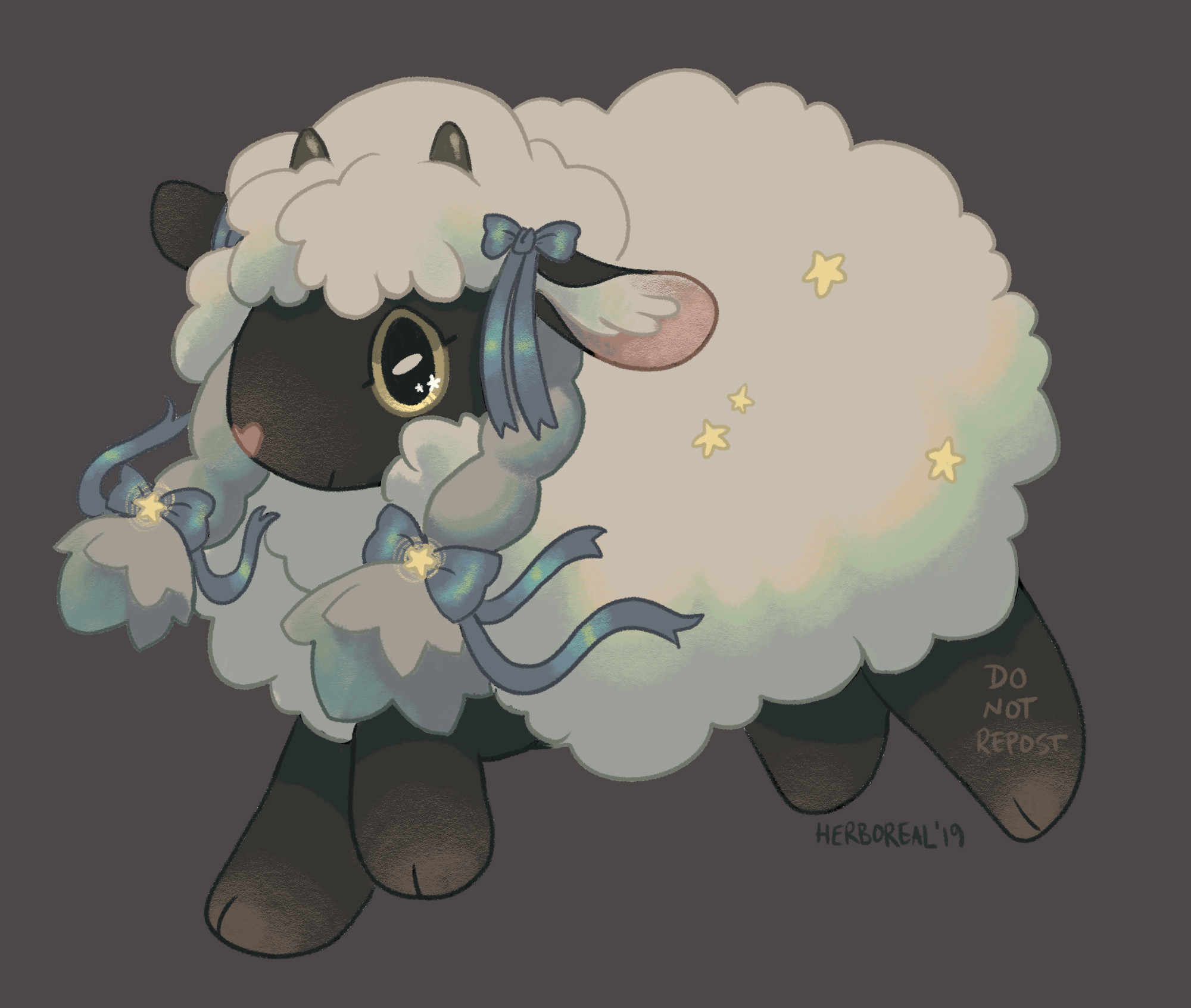 Digital art of pokemon wooloo. It's in darker tones than the character usually is. It's leaping and is wearing blue ribbons and some glowing stars are in its coat.