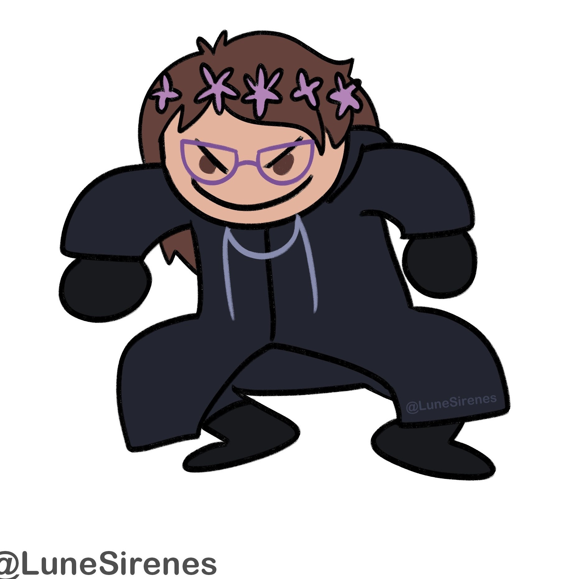 Brown haired chibi girl in an Organization XIII cloak from Kingdom Hearts, posing in a neurodivergent squat with an evil smirk on her face. She wears purple glasses and a purple flower crown as she intimidates her foes with her neurodivergent stance and chibi angsty aura