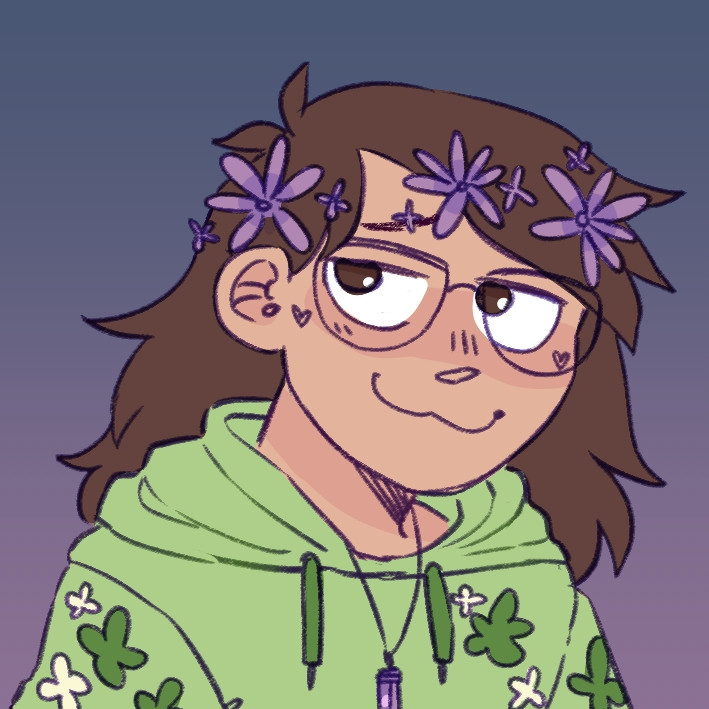 Brown haired girl wearing purple glasses, a purple flower crown and dressed in a green, floral hoodie looks to the top left with a cat-like smile 