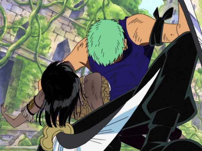 Zoro catches Robin in his arms after Robin was stricken by Enel's lightning.