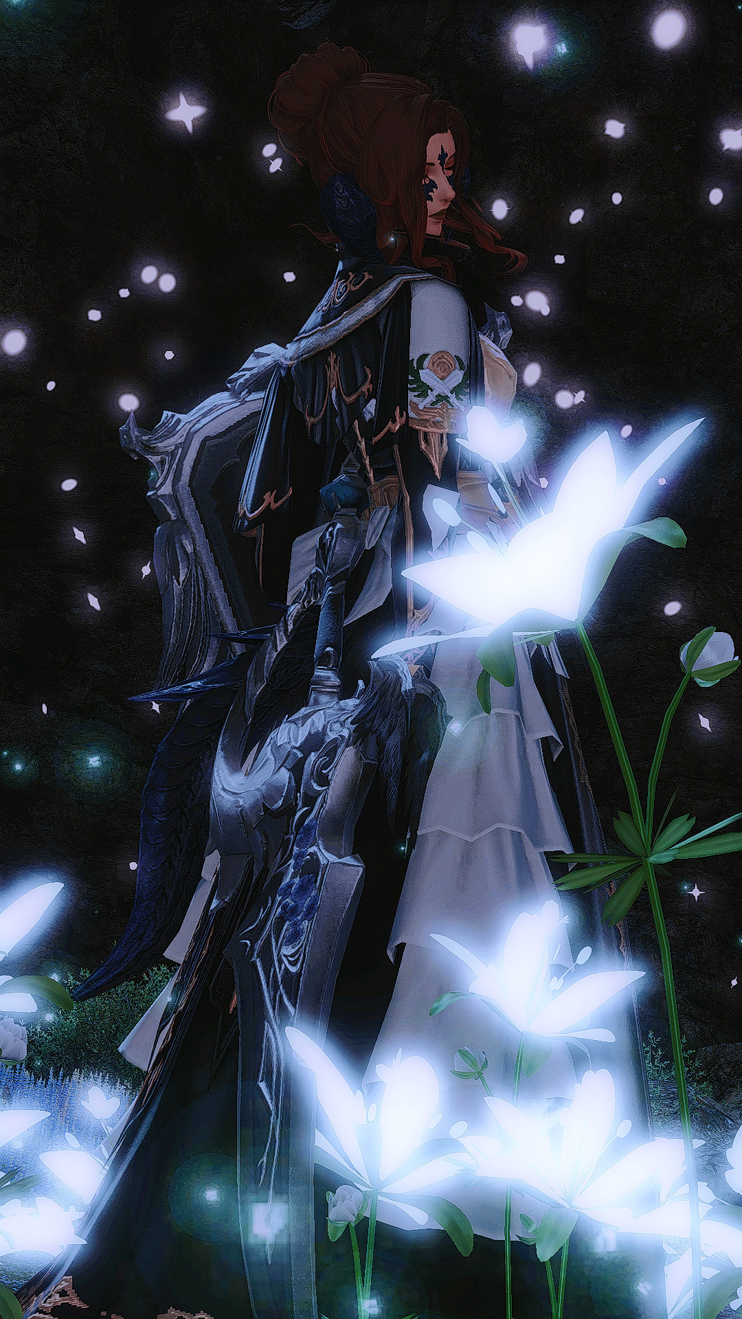 Same red headed Xaela with back to the camera at night with a starry sky, turned to the right with her shield in her right hand and sword in her left behind her back. At eye level there are pink fireflies, and the lower third has Silent Princesses (glowing light blue flowers).