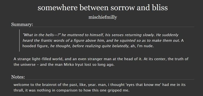 Summary:
        "What in the hells—?" he muttered to himself, his senses returning slowly. He suddenly heard the frantic words of a figure above him, and he squinted so as to make them out. A hooded figure, he thought, before realizing quite belatedly, ah, I'm nude.

    A strange light-filled world, and an even stranger man at the head of it. At its center, the truth of the universe - and the man Mirko Iryut lost so long ago.