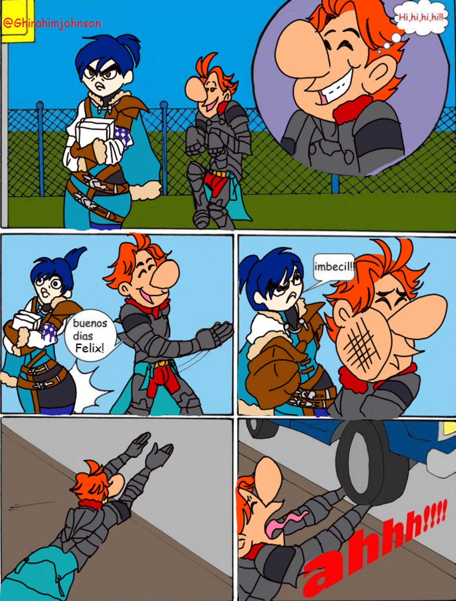 The comic parodies a NSFW comic made based on The Grimm Adventures of Billy and Mandy. Here, two characters from a videogame called Fire Emblem Three Houses replace Mandy and Billy. Sylvain, in the part of Billy, slaps Felix, replacing Mandy, on the behind. Then, Felix punches Sylvain, and knocks him to the ground. A car runs over Sylvain’s hands, and he screams in pain.