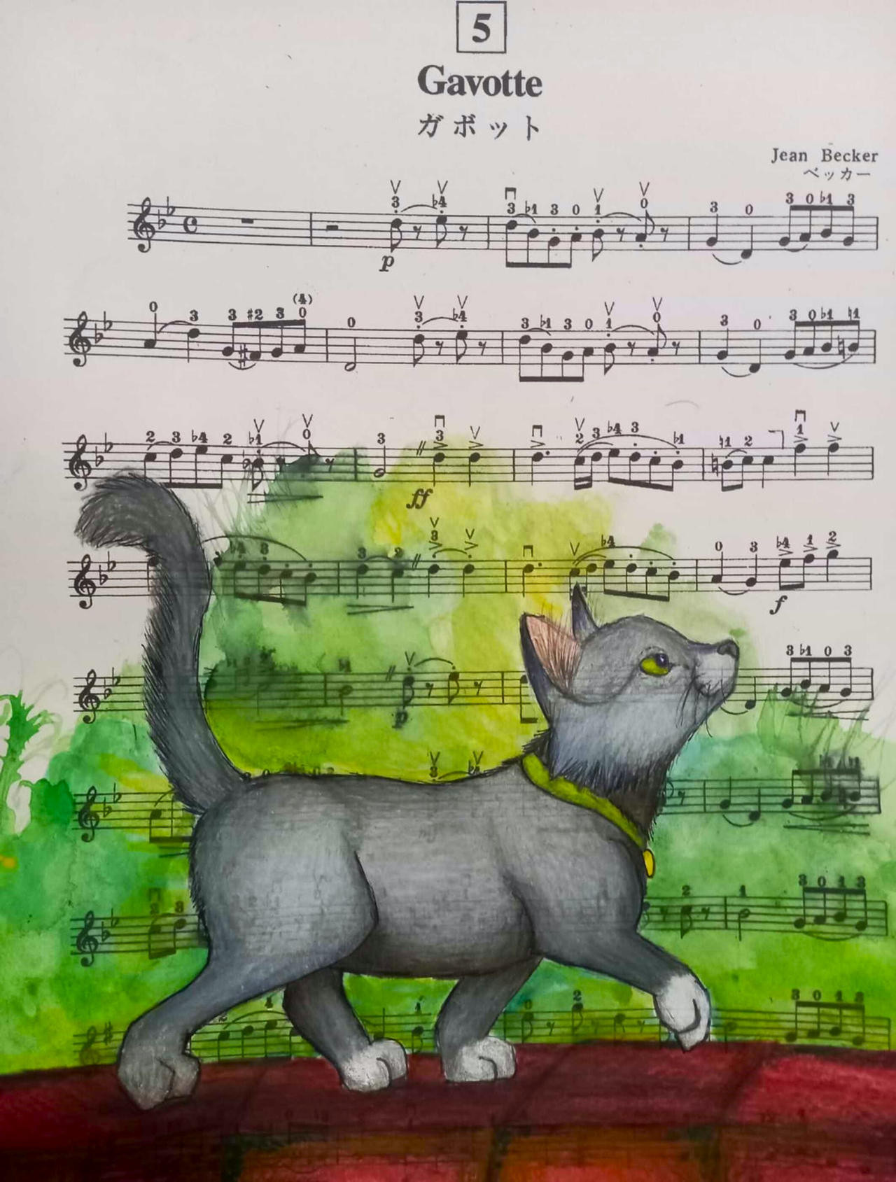 Gray kitten walk  in wall, the background is a music score with green blur