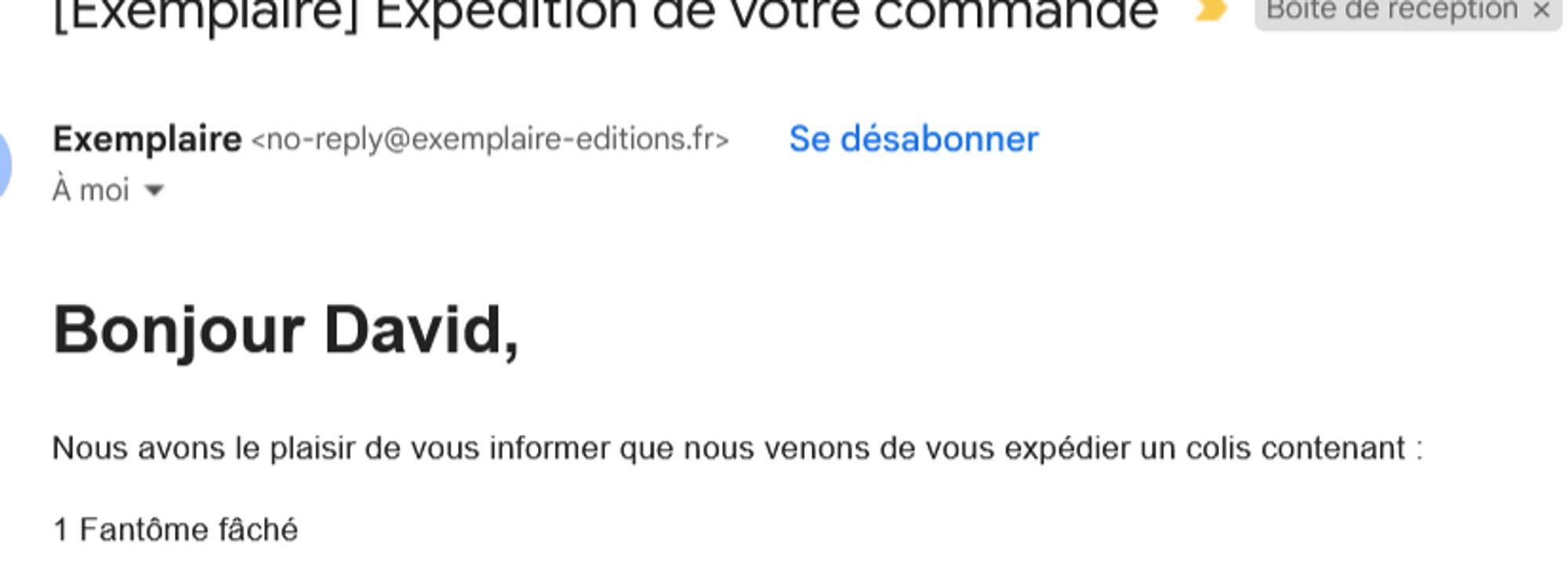 Mail m'annonçant l'expédition de 1 fantôme fâché.